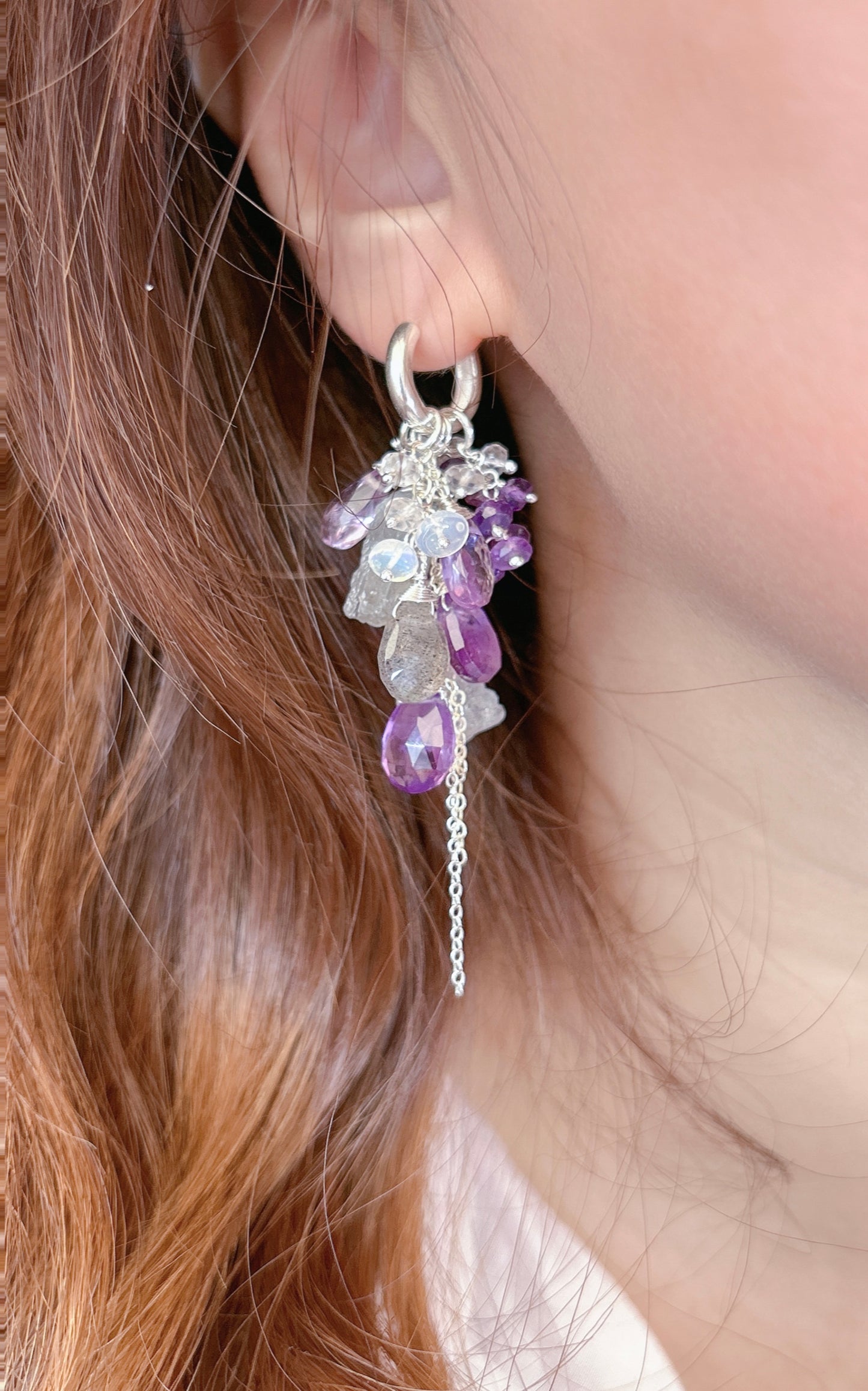 Amethyst labradorite gemstone earring in sterling silver, mini hoop with amethyst, Labradorite, statement chandelier cluster earrings