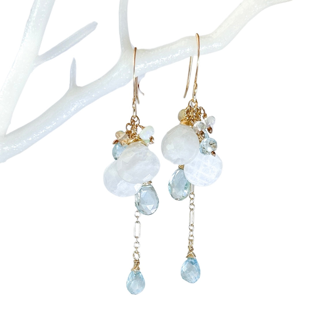 Moonstone, Aquamarine, and blue topaz, cascading beach wedding earrings, long dangle cluster earrings with rainbow blue flash moonstones