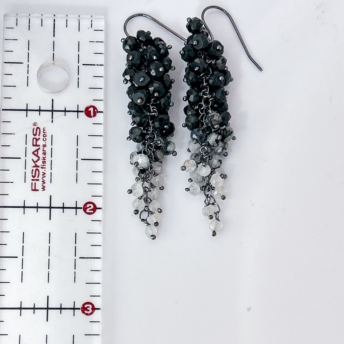 Black white gemstone cluster earring, long dangle earring cascade earring with natural black spinel, moonstones waterfall chandelier earrings.