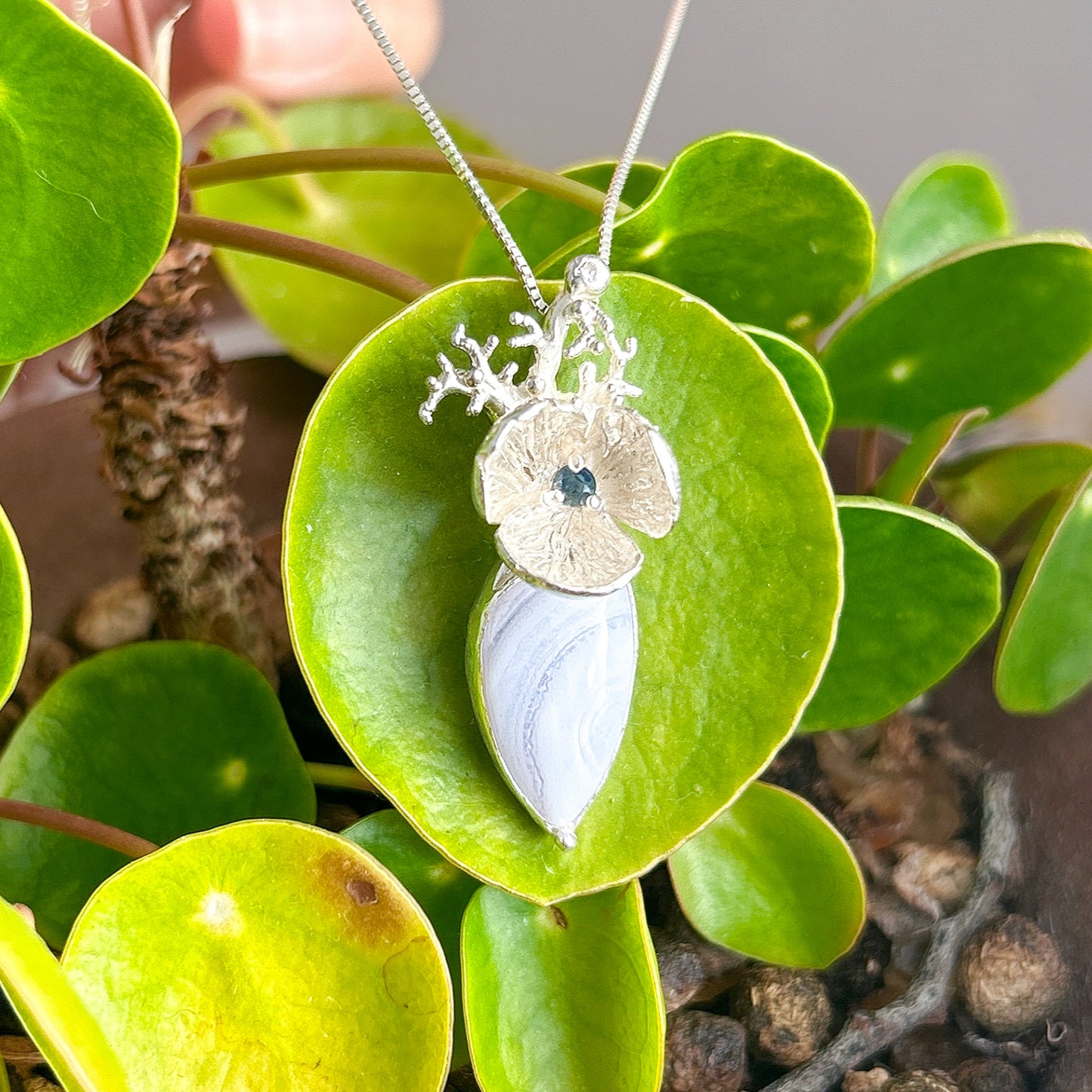 Blue lace agate, sapphire, moissanite necklace natural gemstone statement pendant necklace