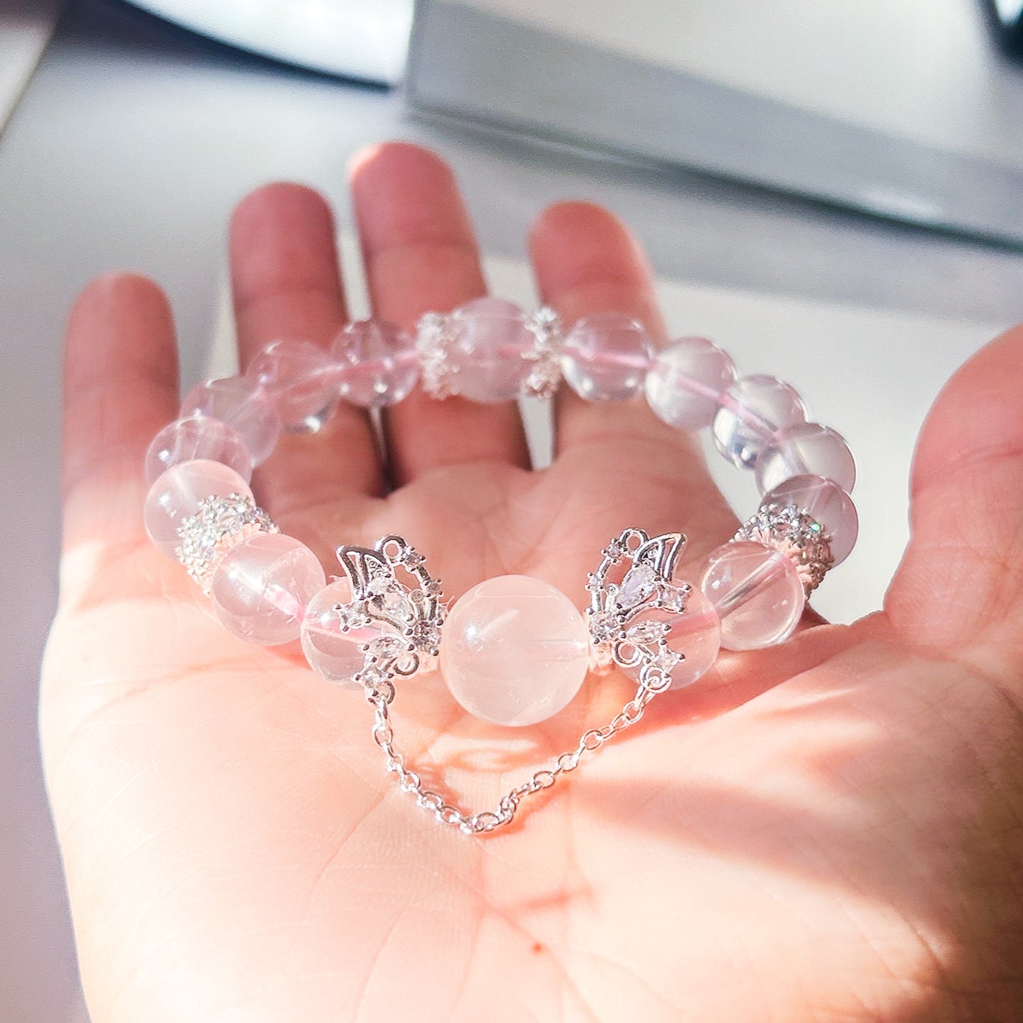 Rose quartz stretch bracelet, 10MM Mozambique rose quartz and snowflake phantom quartz