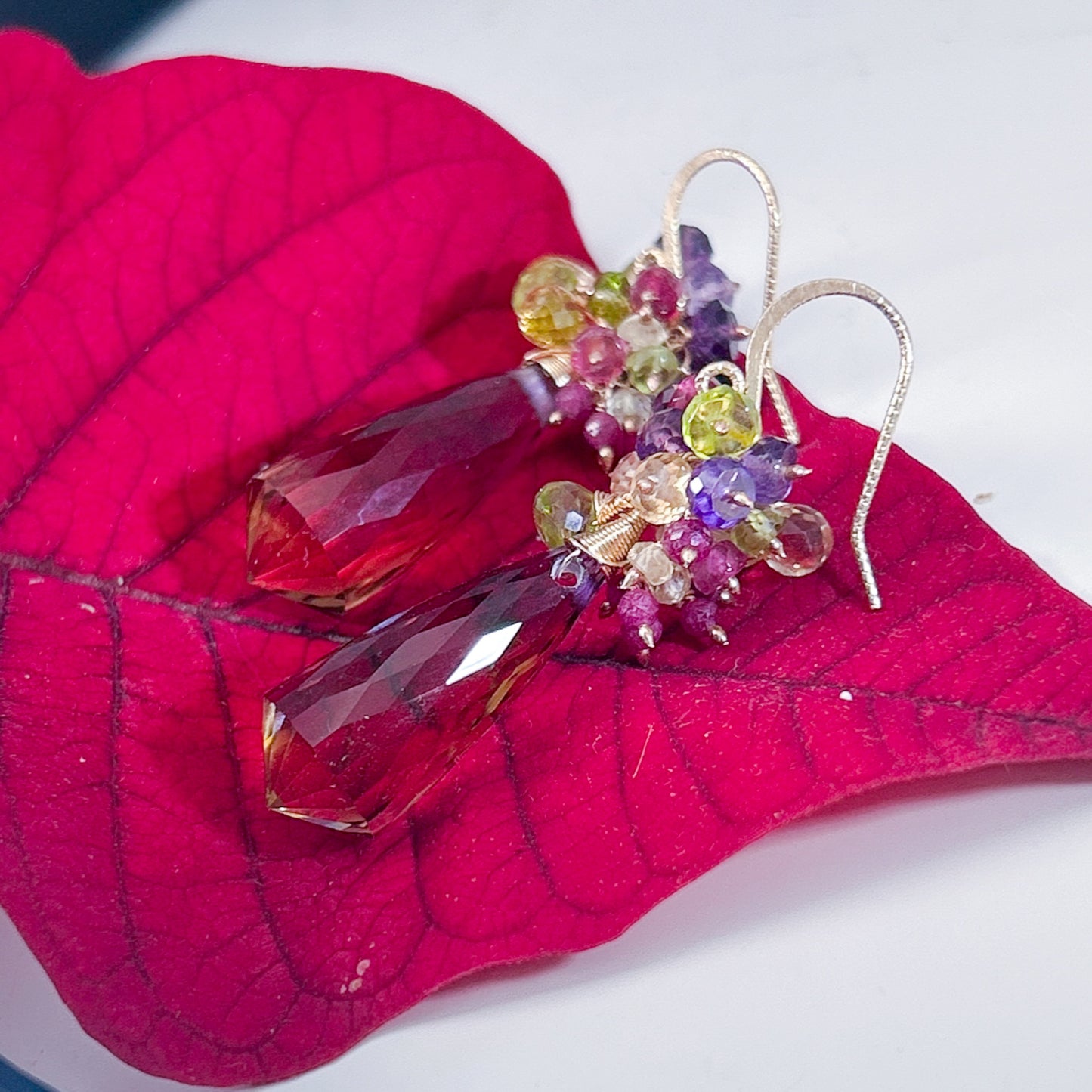 Ametrine pink tourmaline ruby citrine Amethyst cluster earrings, a beautiful gold statement piece to any jewelry collection
