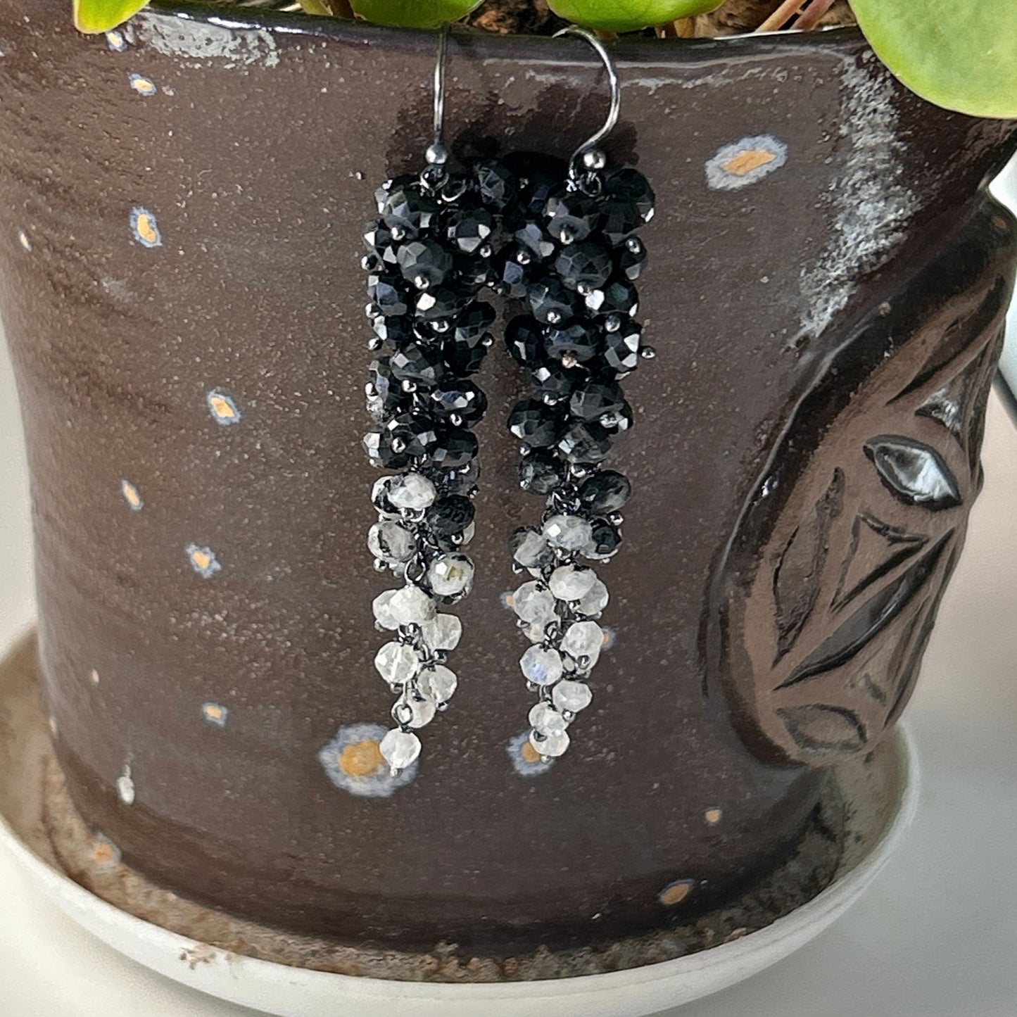 Black white gemstone cluster earring, long dangle earring cascade earring with natural black spinel, moonstones waterfall chandelier earrings.