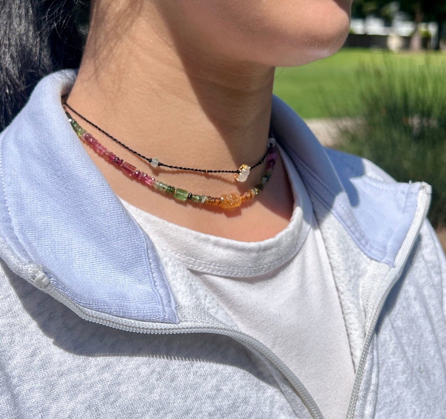 Watermelon tourmaline beaded necklace, 14k gold filled ombré multicolor tourmaline