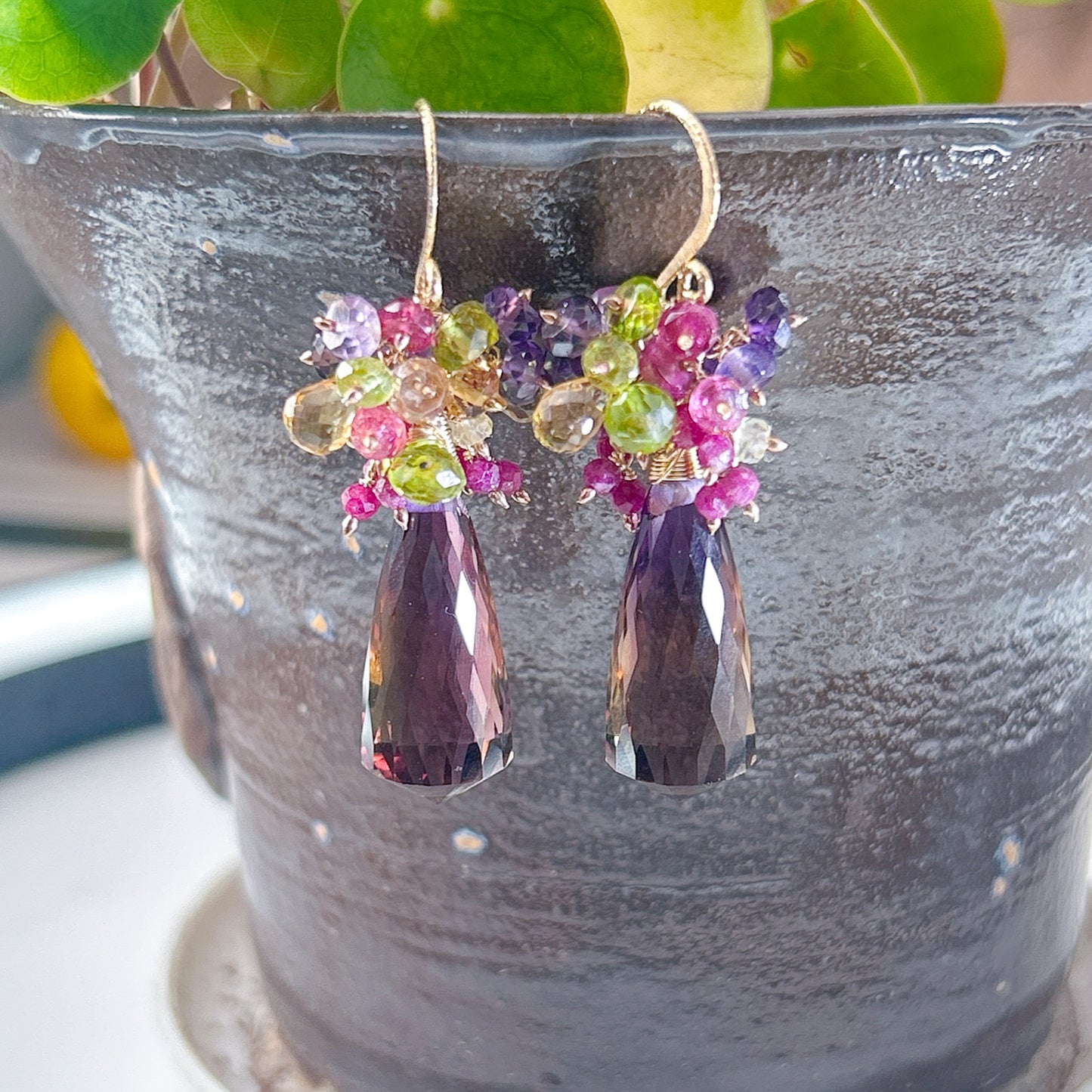 Ametrine pink tourmaline ruby citrine Amethyst cluster earrings, a beautiful gold statement piece to any jewelry collection