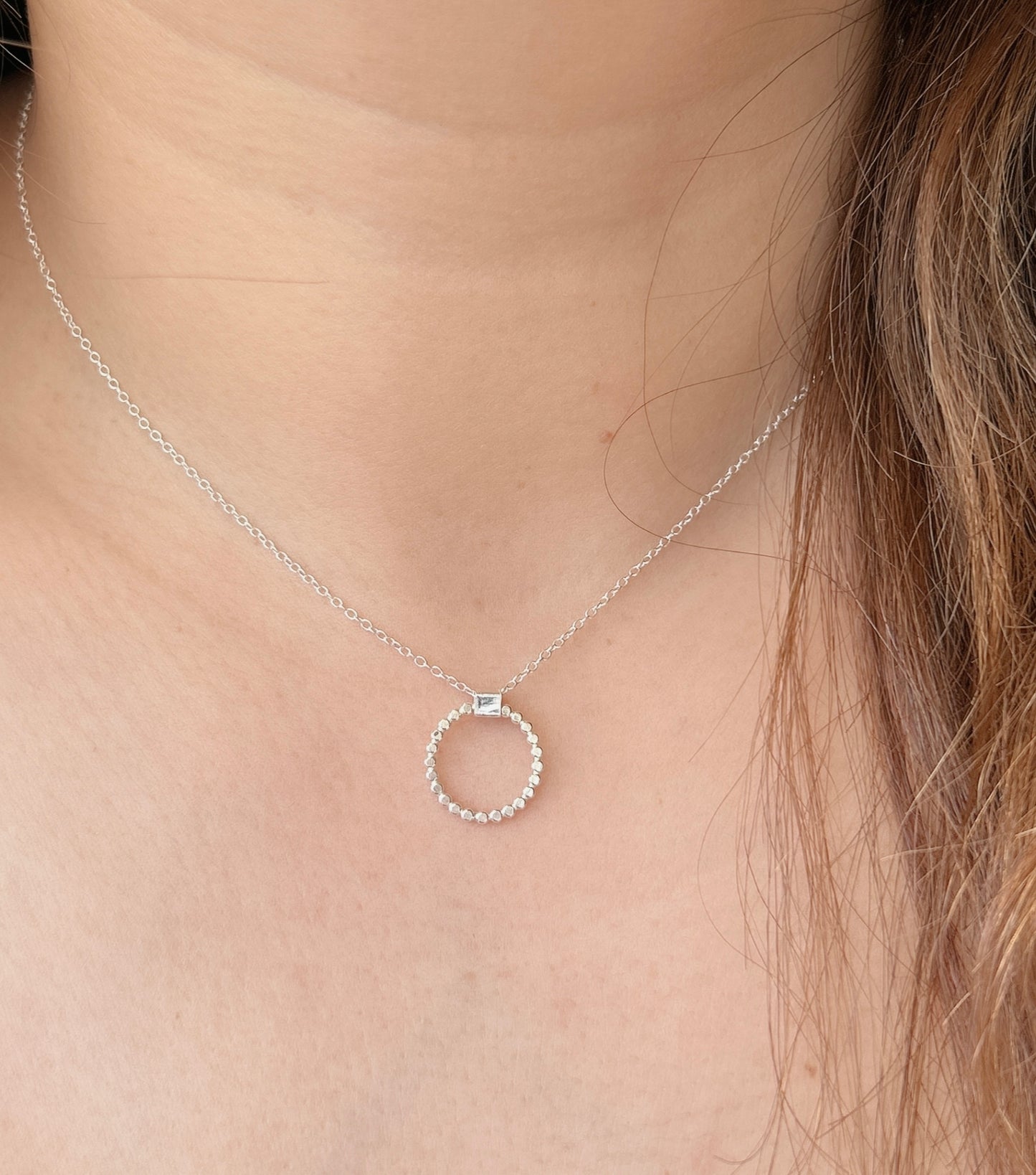 handmade hammered silver beaded halo open circle necklace, folding circle hoop necklace