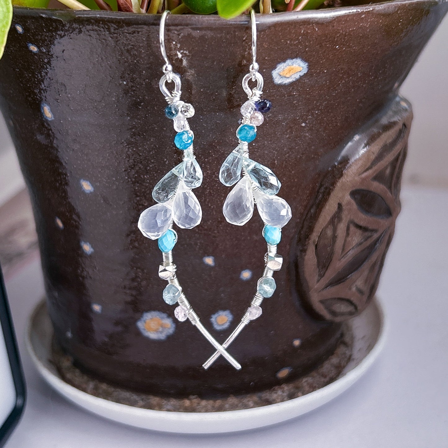 Aquamarine Himalayan ice quartz statement earring, ice blue gemstone cluster earring
