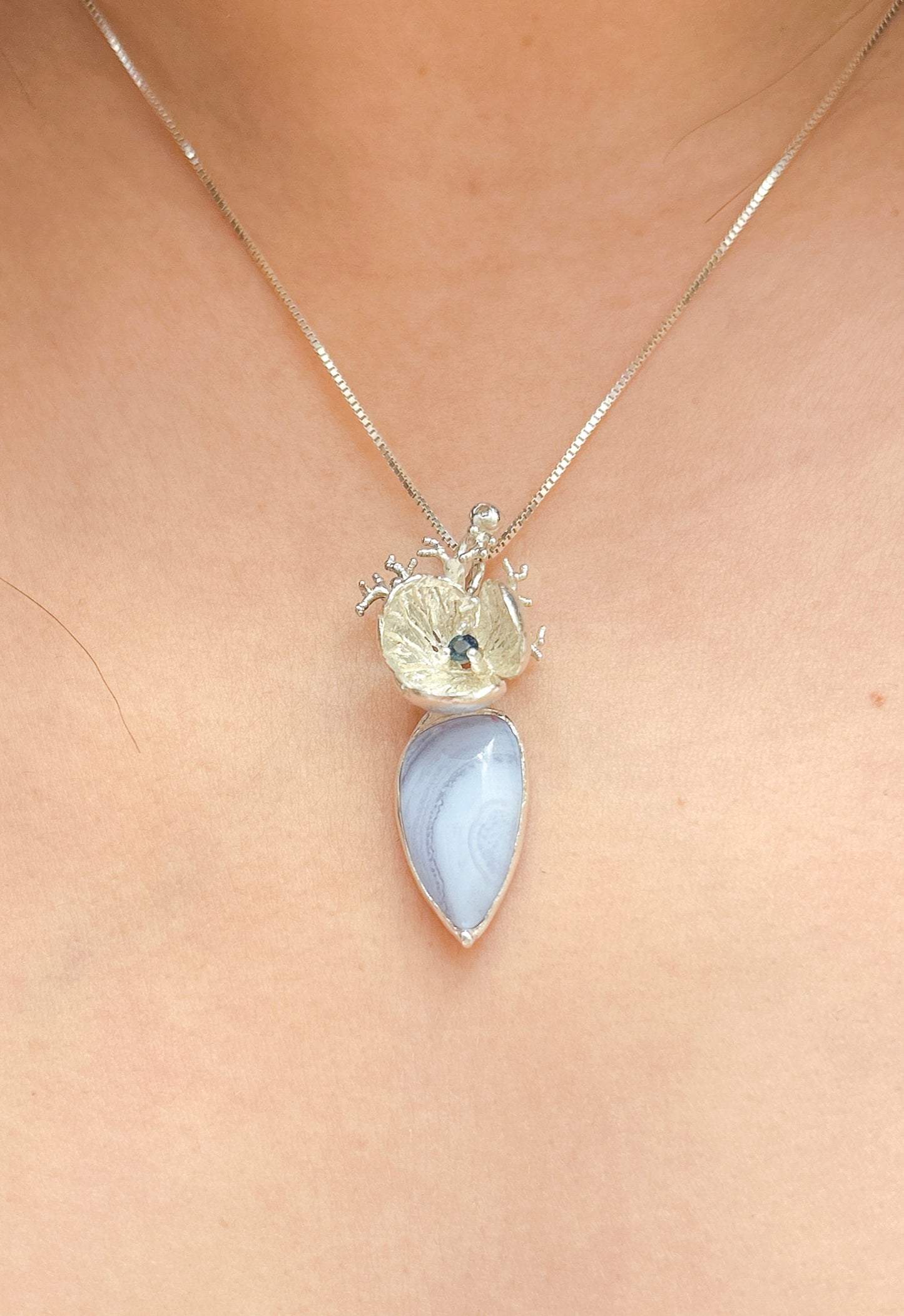 Blue lace agate, sapphire, moissanite necklace natural gemstone statement pendant necklace