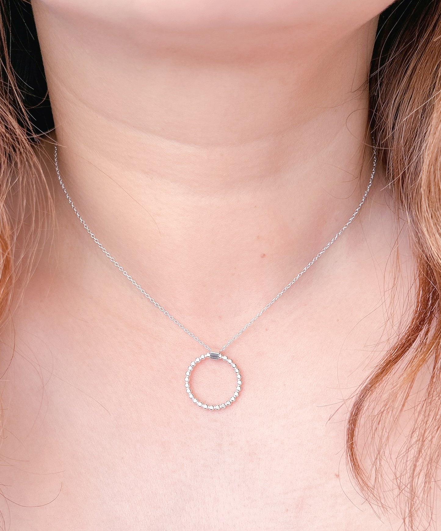 handmade hammered silver beaded halo open circle necklace, folding circle hoop necklace