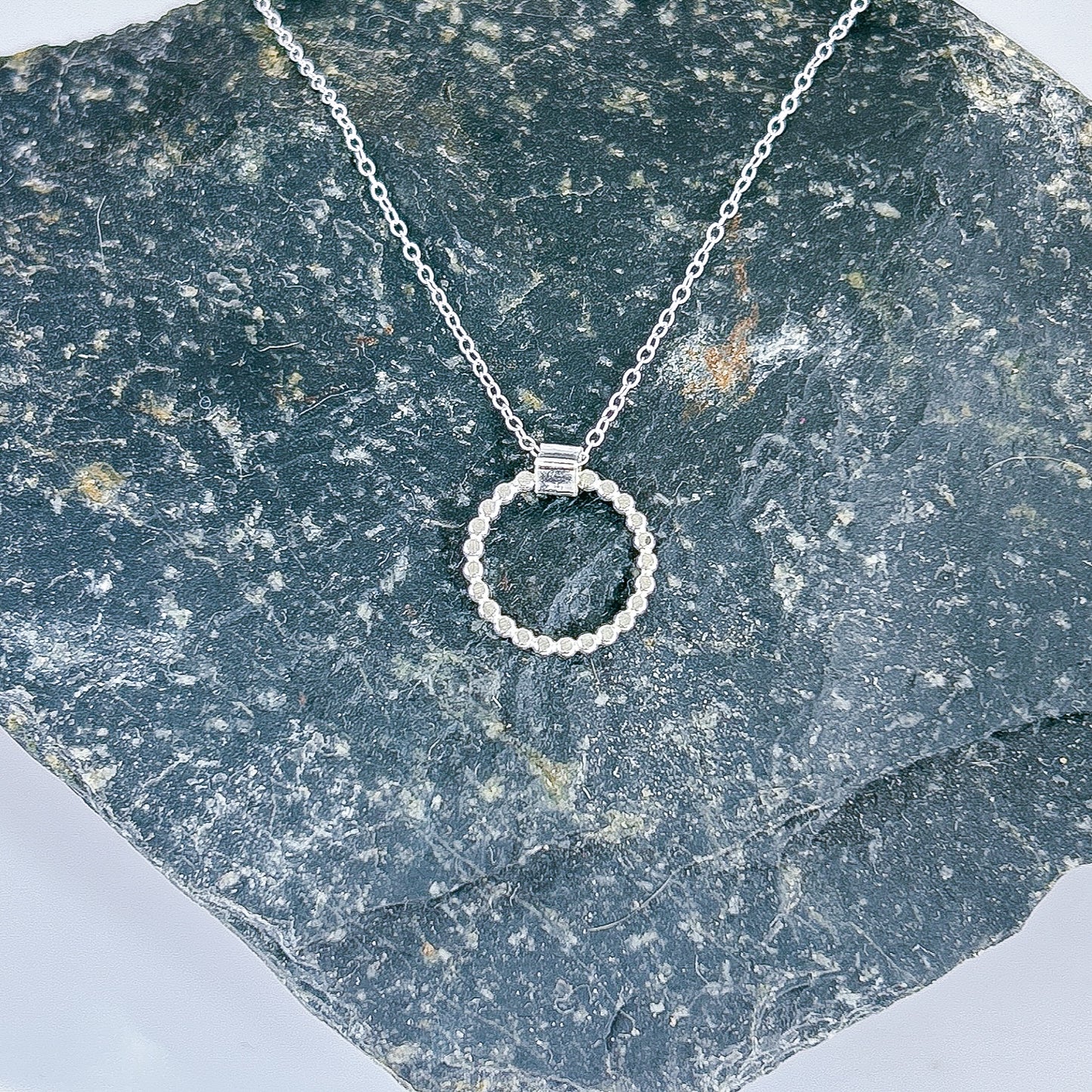 handmade hammered silver beaded halo open circle necklace, folding circle hoop necklace