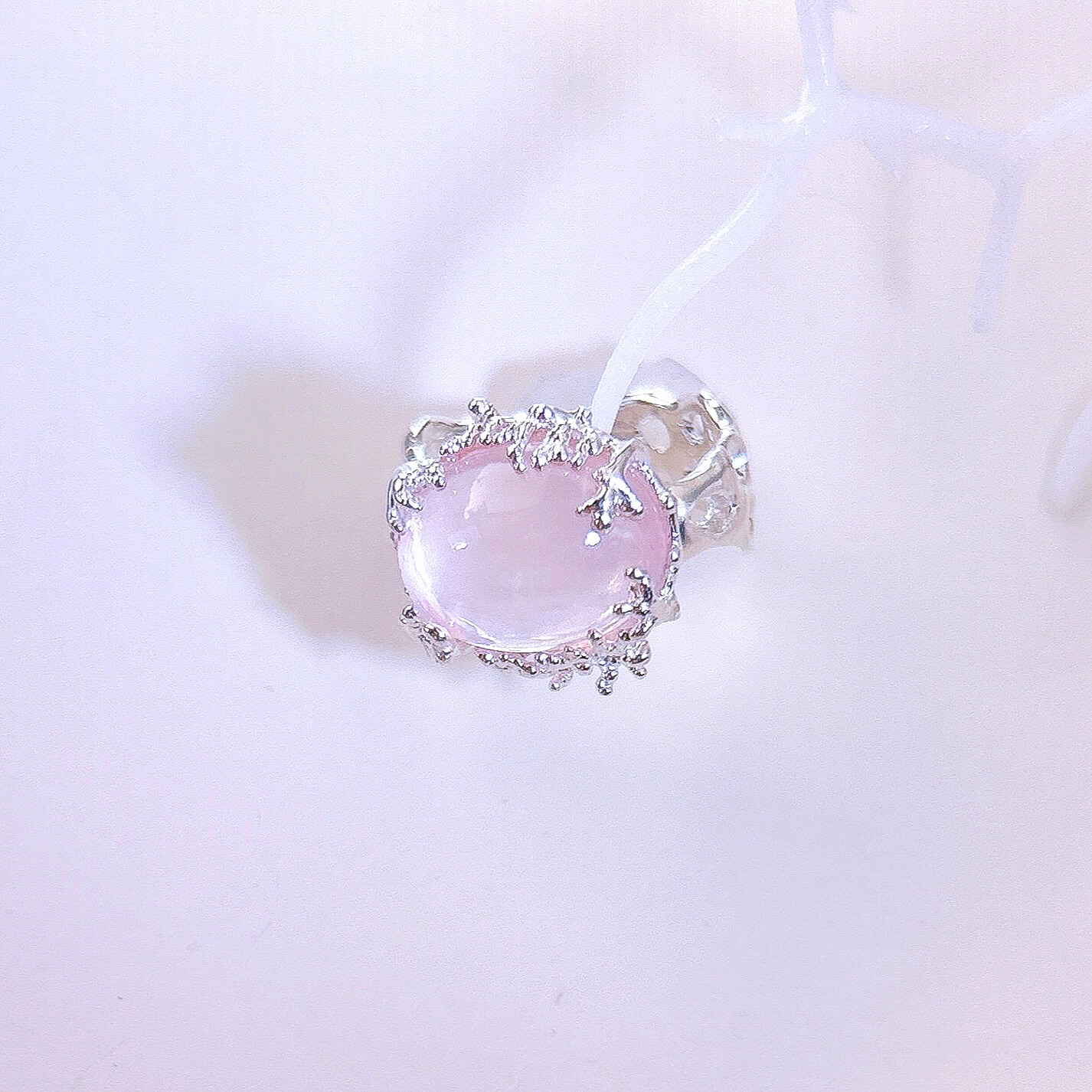 Rose quartz ring, hand craved lost wax freeform organic ring band with coral reef branches, the heeling gemstone ring sterling silver