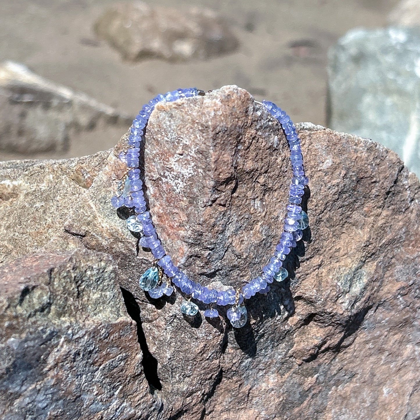 14k Gold Filled Tanzanite Bracelet, Gemstone Beaded Jewelry in blue purple tanzanite, 4mm tanzanite, blue topaz drops