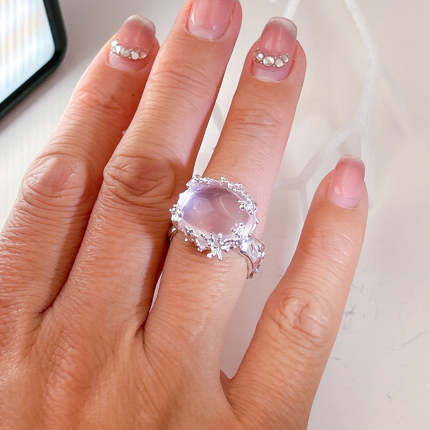Rose quartz ring, hand craved lost wax freeform organic ring band with coral reef branches, the heeling gemstone ring sterling silver