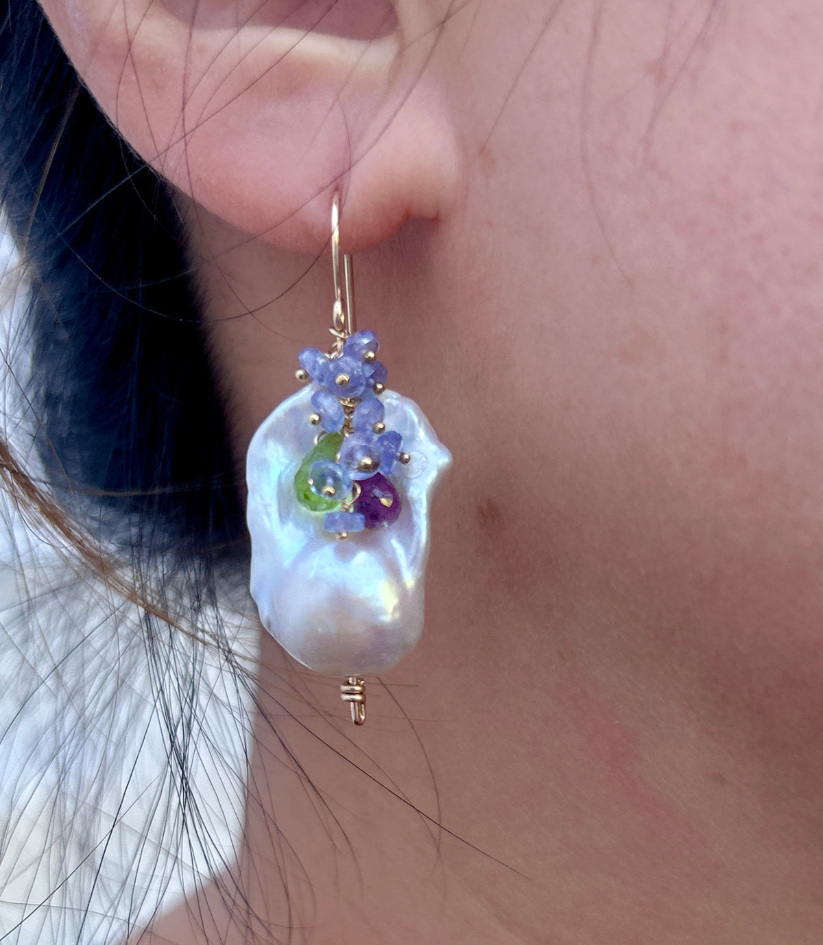 Baroque pearl earrings chunky flame ball white pearl cultured freshwater pearl earring with tanzanite, ruby, peridot, 14k gold filled
