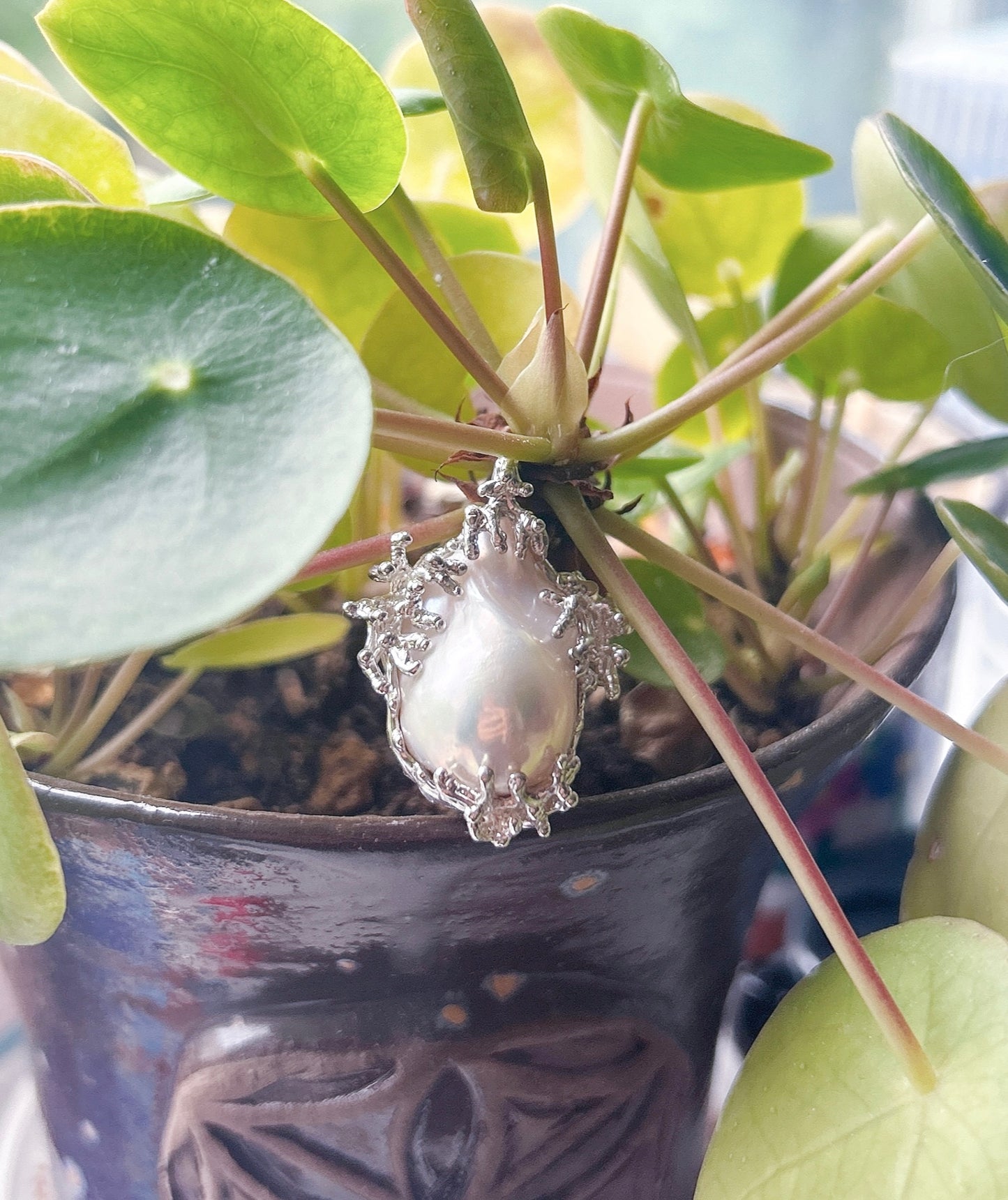 baroque pearl pendant, an exclusive flame ball cultured pearl necklace with artisan sterling silver branches