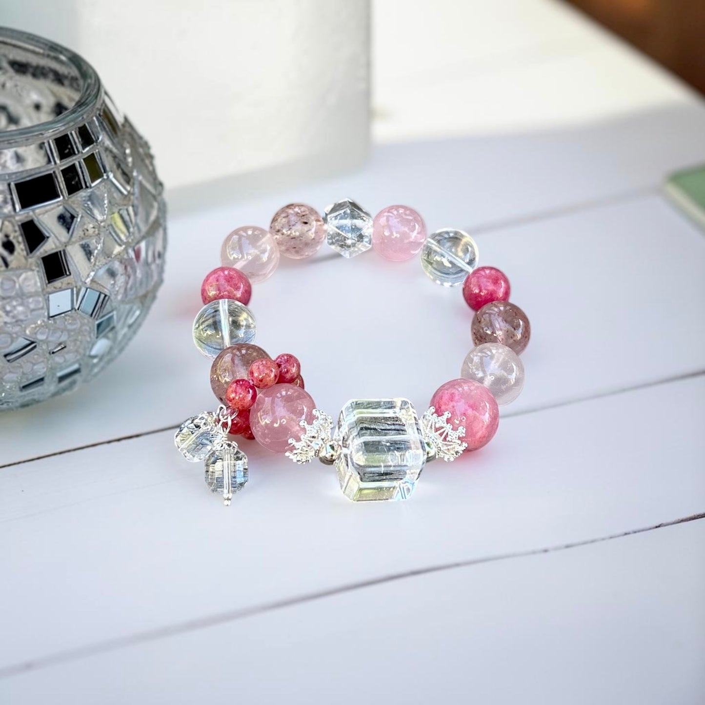 13MM+ Rose Quartz, Sakura Rhodonite, Crystal Quartz bracelet, natural gemstone statement bracelet, healing jewelry gift idea