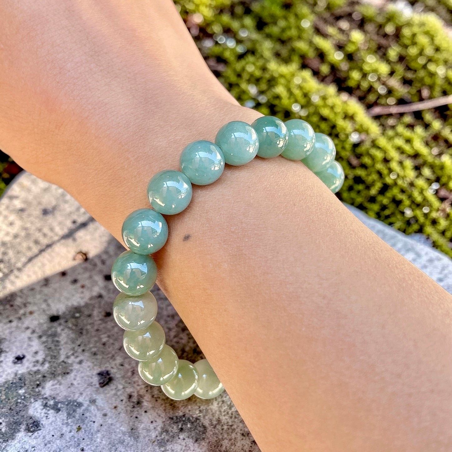 10.5MM Type A Jadeite jade beaded bracelet, 8MM+ ice translucent lake green jade bracelet, Myanmar jadeite, untreated Burmese Jade