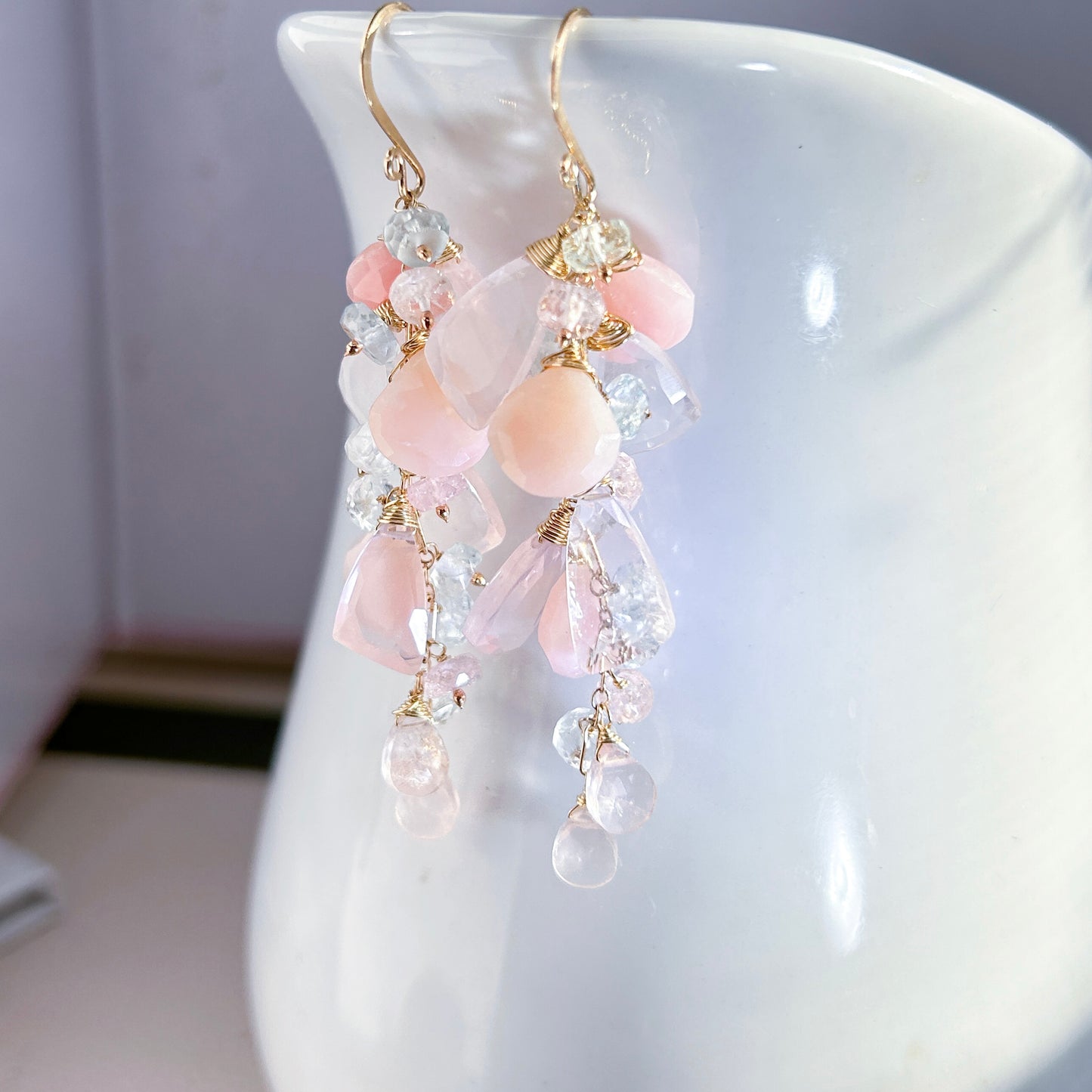 Rose quartz pink opal earrings, blushed pink cluster earrings