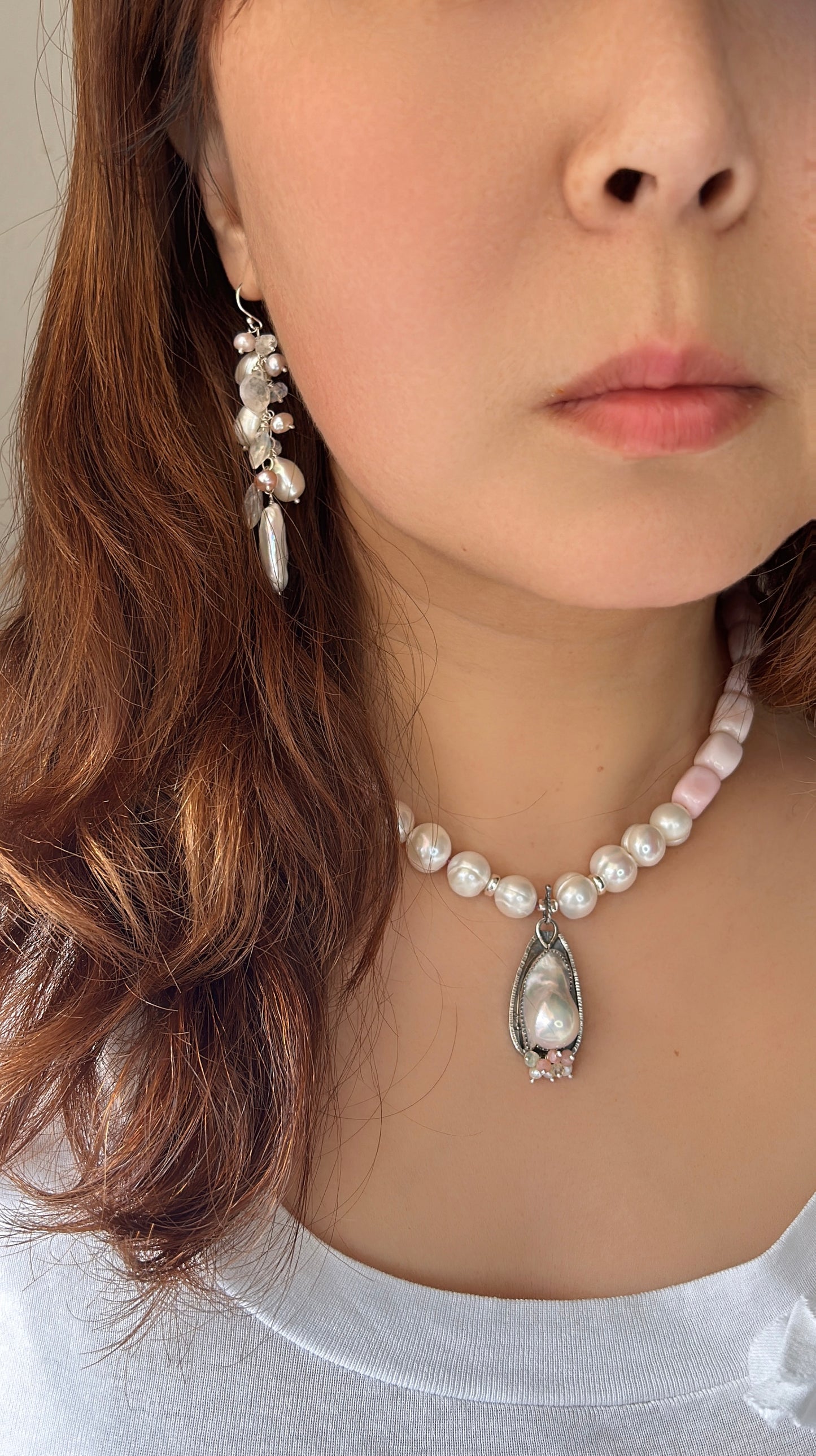 Pearl earrings boho, bridal statement earrings, beach wedding earrings, white biwa pearl cluster earrings in sterling silver