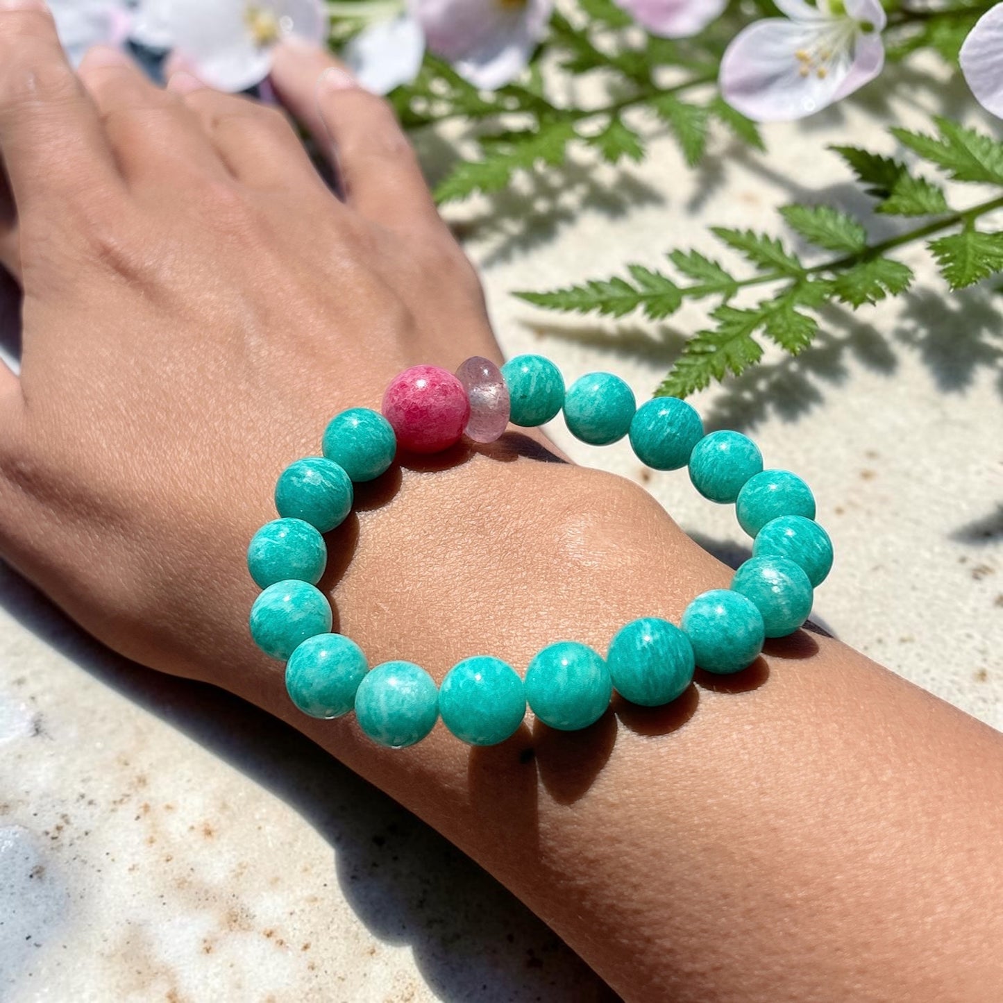 Amazonite pink rhodonite beaded stretch bracelet, 10MM Amazonite, 12.5MM+pink Rhodonite