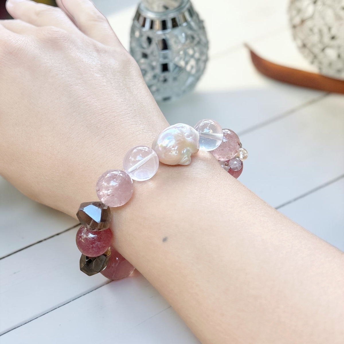 Strawberry quartz, rose quartz, smoky quartz, baroque Pearl bracelet, chunky beaded bracelet, natural gemstone bracelet