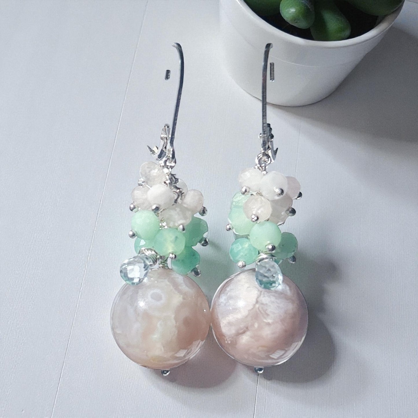 Sakura agate gemstone earrings, floral cluster earrings with chrysoprase, pink morganit