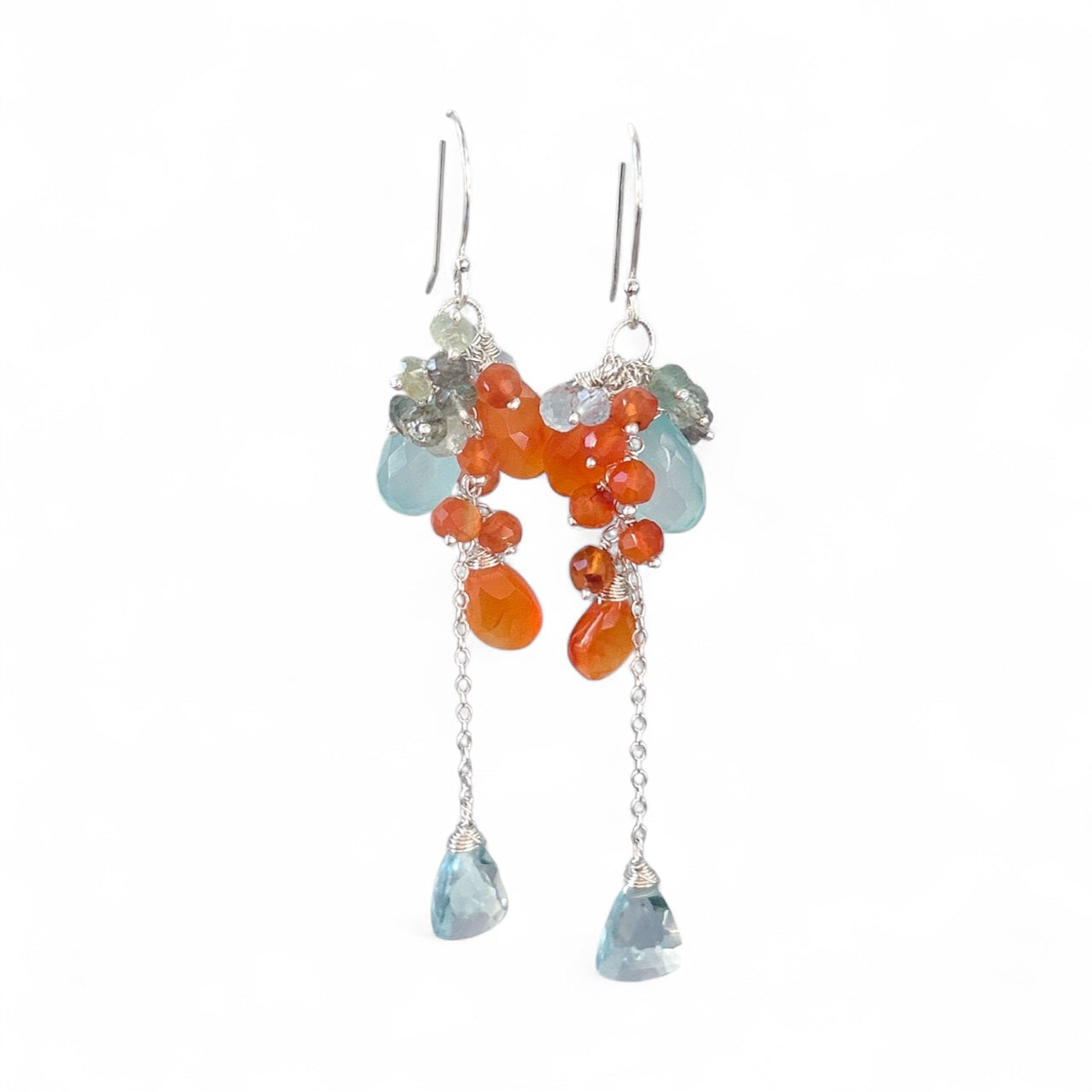Seafoam chalcedony blue quartz statement cluster earring, with carnelian, labradorite, waterfall cascading earring