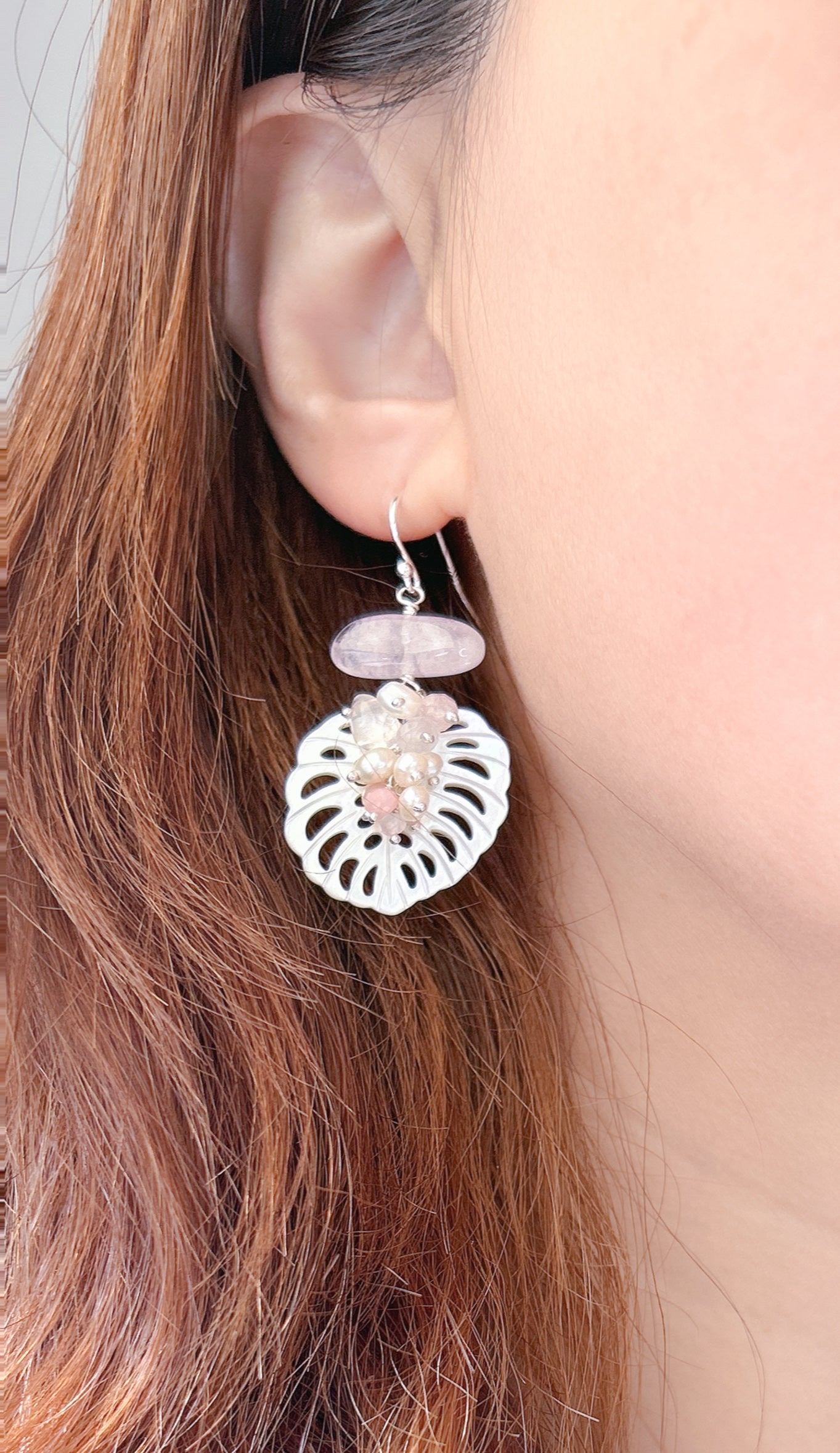 Mother of pearl pink morganite earrings, pink pastel natural gemstone cluster