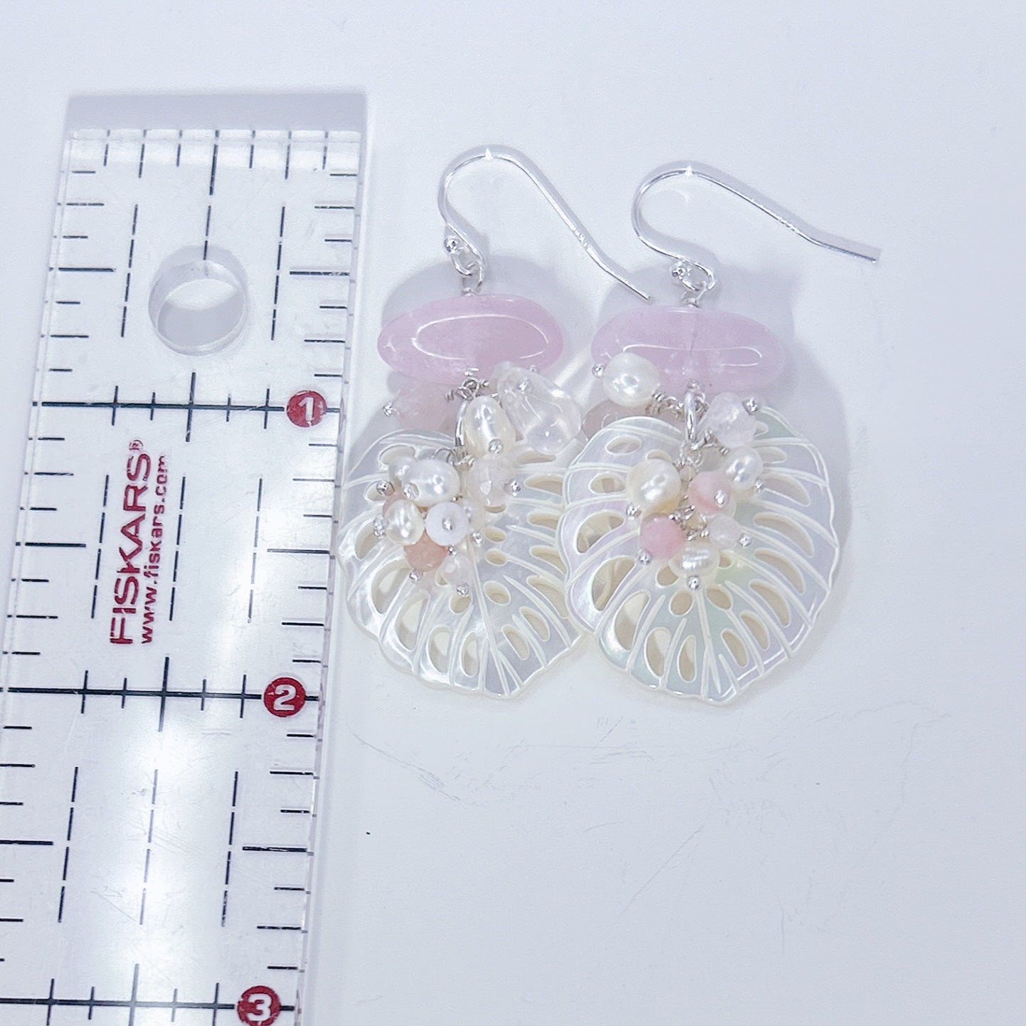 Mother of pearl pink morganite earrings, pink pastel natural gemstone cluster