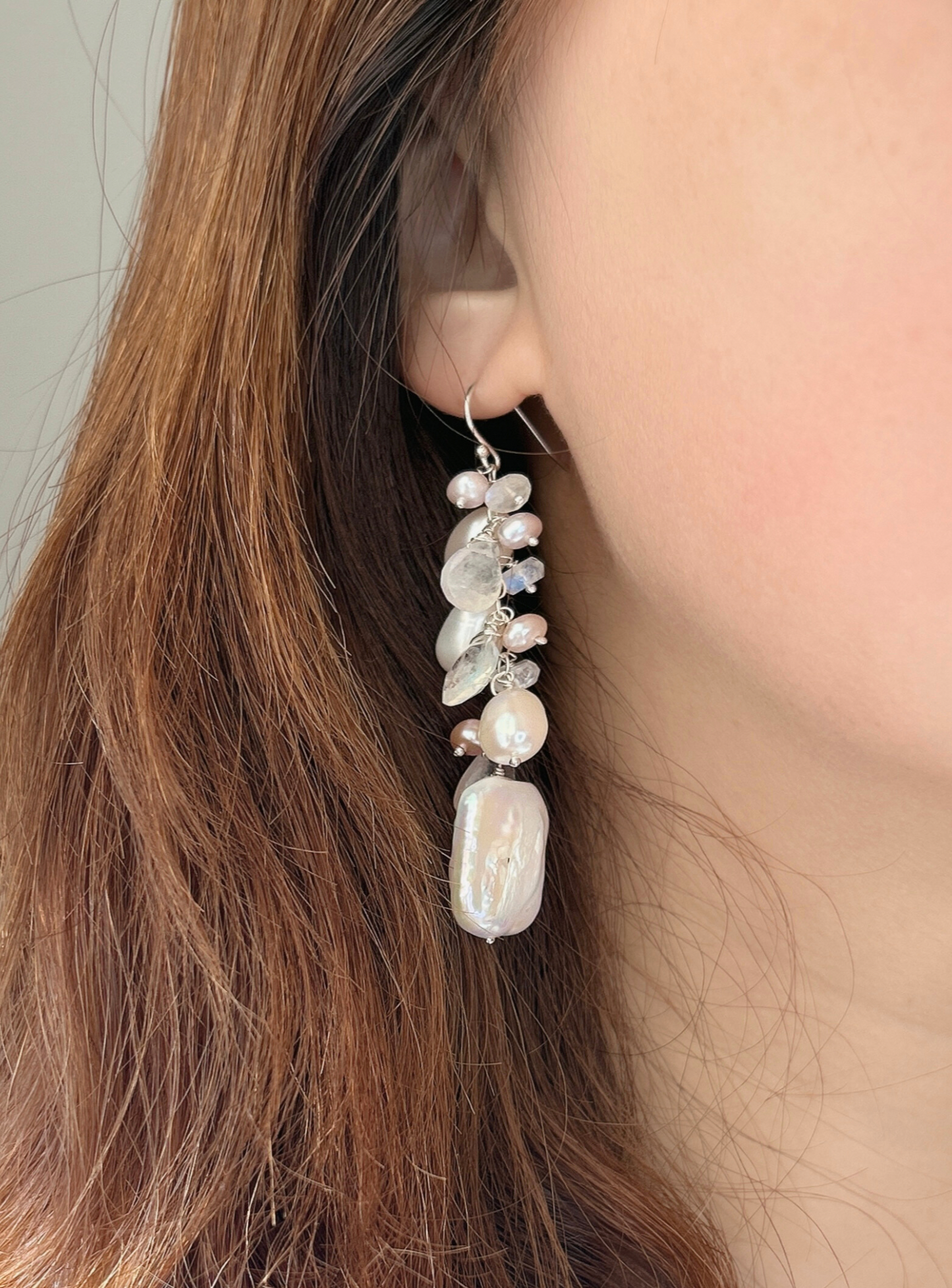Pearl earrings boho, bridal statement earrings, beach wedding earrings, white biwa pearl cluster earrings in sterling silver