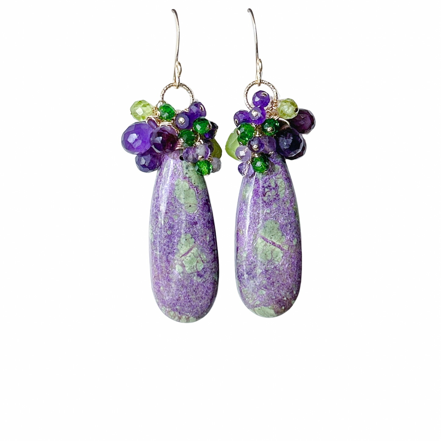 Purple Stichtite, 32mm gemstone cluster earrings, amethyst, peridot, tsavorite garnet