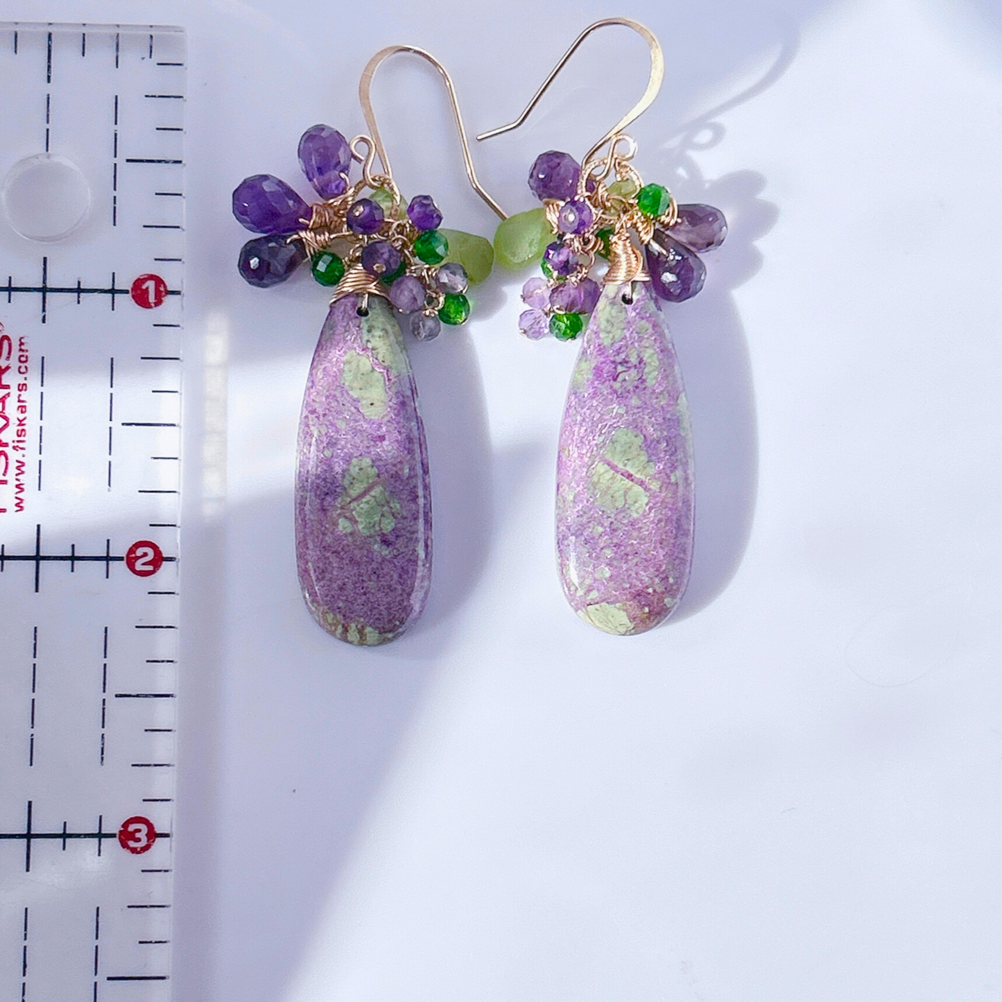 Purple Stichtite, 32mm gemstone cluster earrings, amethyst, peridot, tsavorite garnet