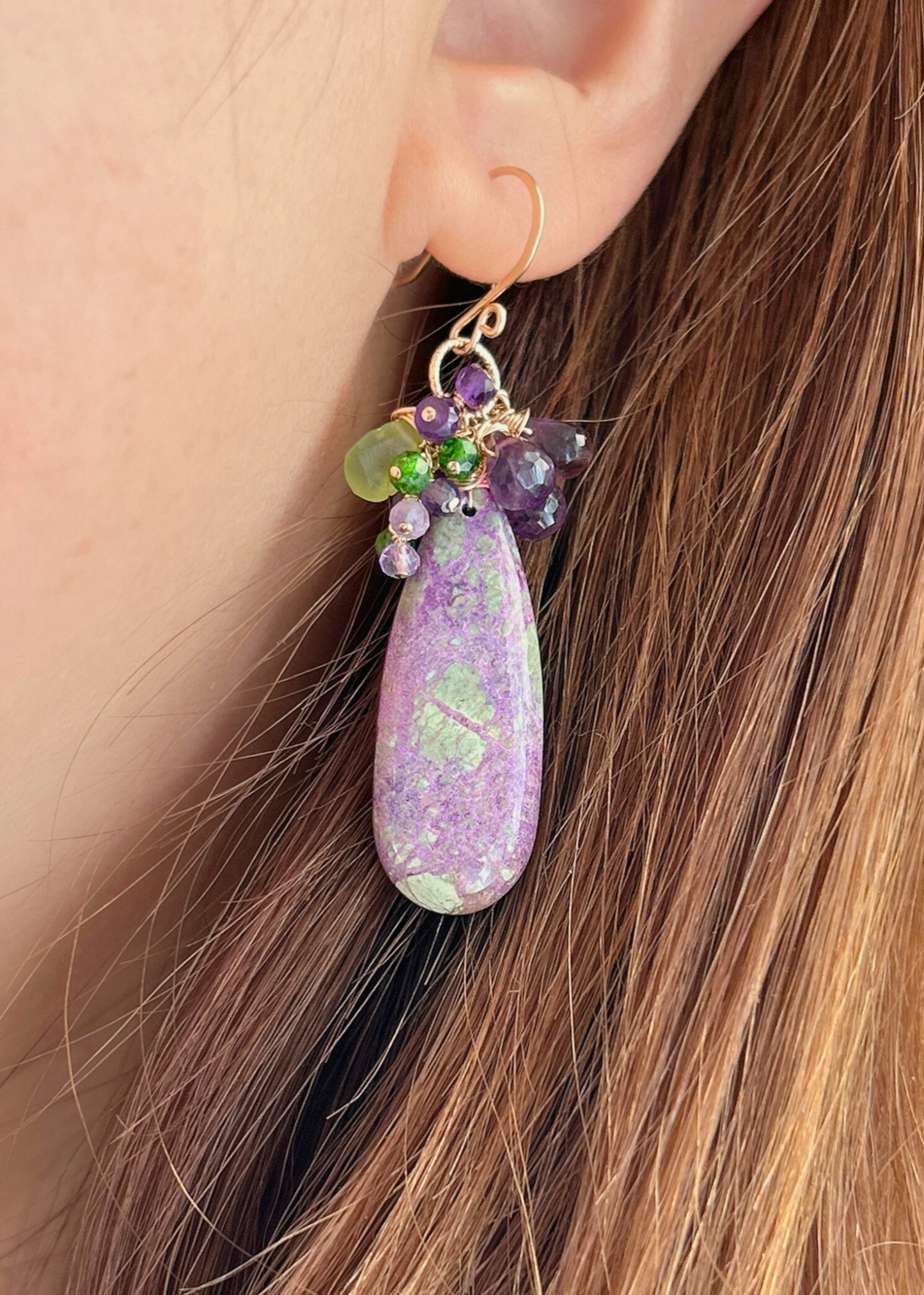 Purple Stichtite, 32mm gemstone cluster earrings, amethyst, peridot, tsavorite garnet