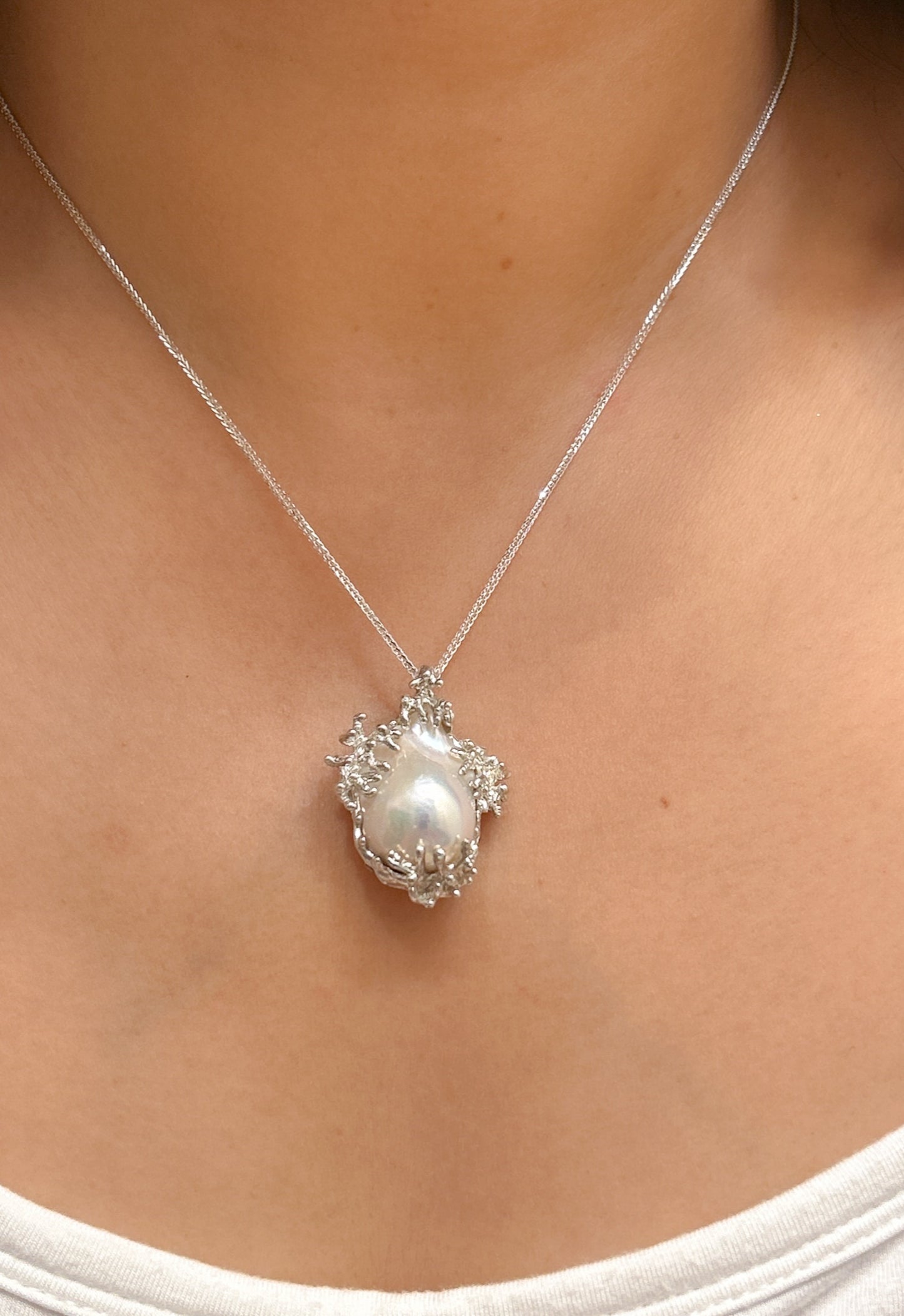 baroque pearl pendant, an exclusive flame ball cultured pearl necklace with artisan sterling silver branches