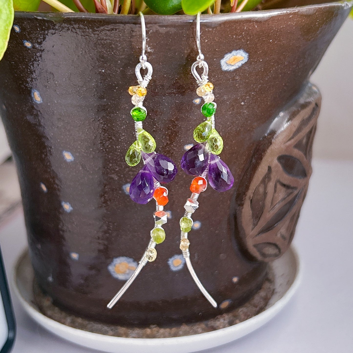 Amethyst peridot sapphire statement earrings, rainbow gemstone cluster earring
