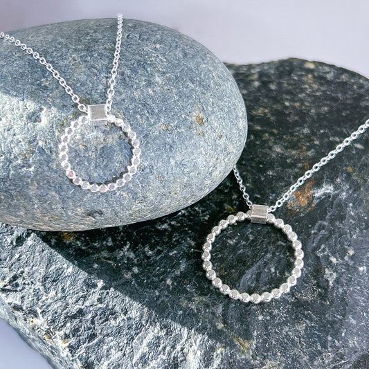 handmade hammered silver beaded halo open circle necklace, folding circle hoop necklace