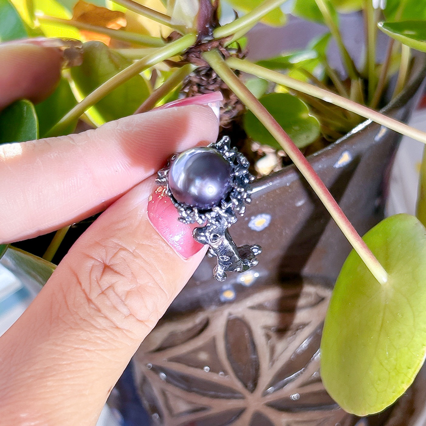 Black cultured pearl ring, coral pearl statement piece in a custom hand-carved casting ring band, in patina sterling silver, ocean jewelry