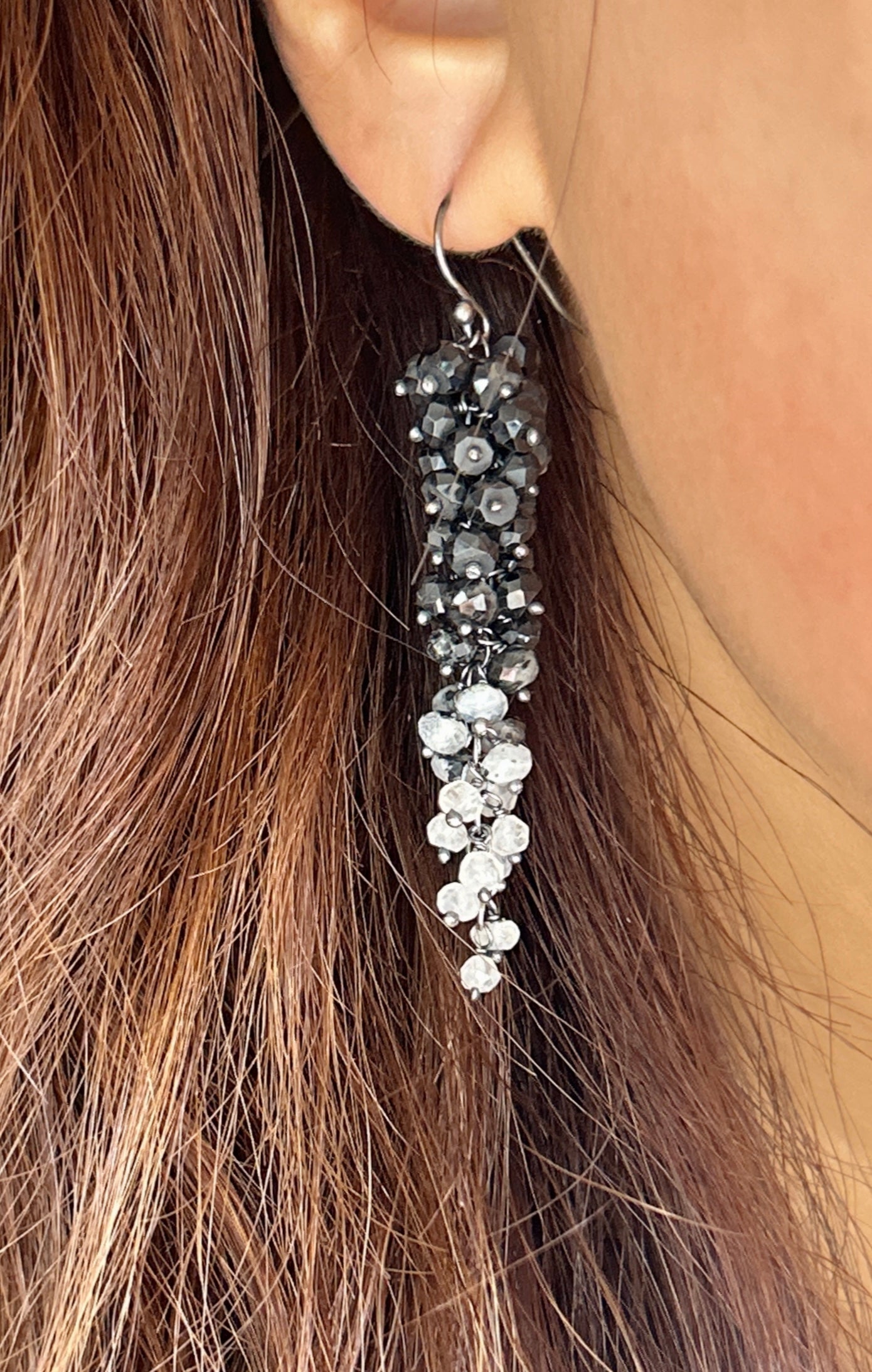 Black white gemstone cluster earring, long dangle earring cascade earring with natural black spinel, moonstones waterfall chandelier earrings.