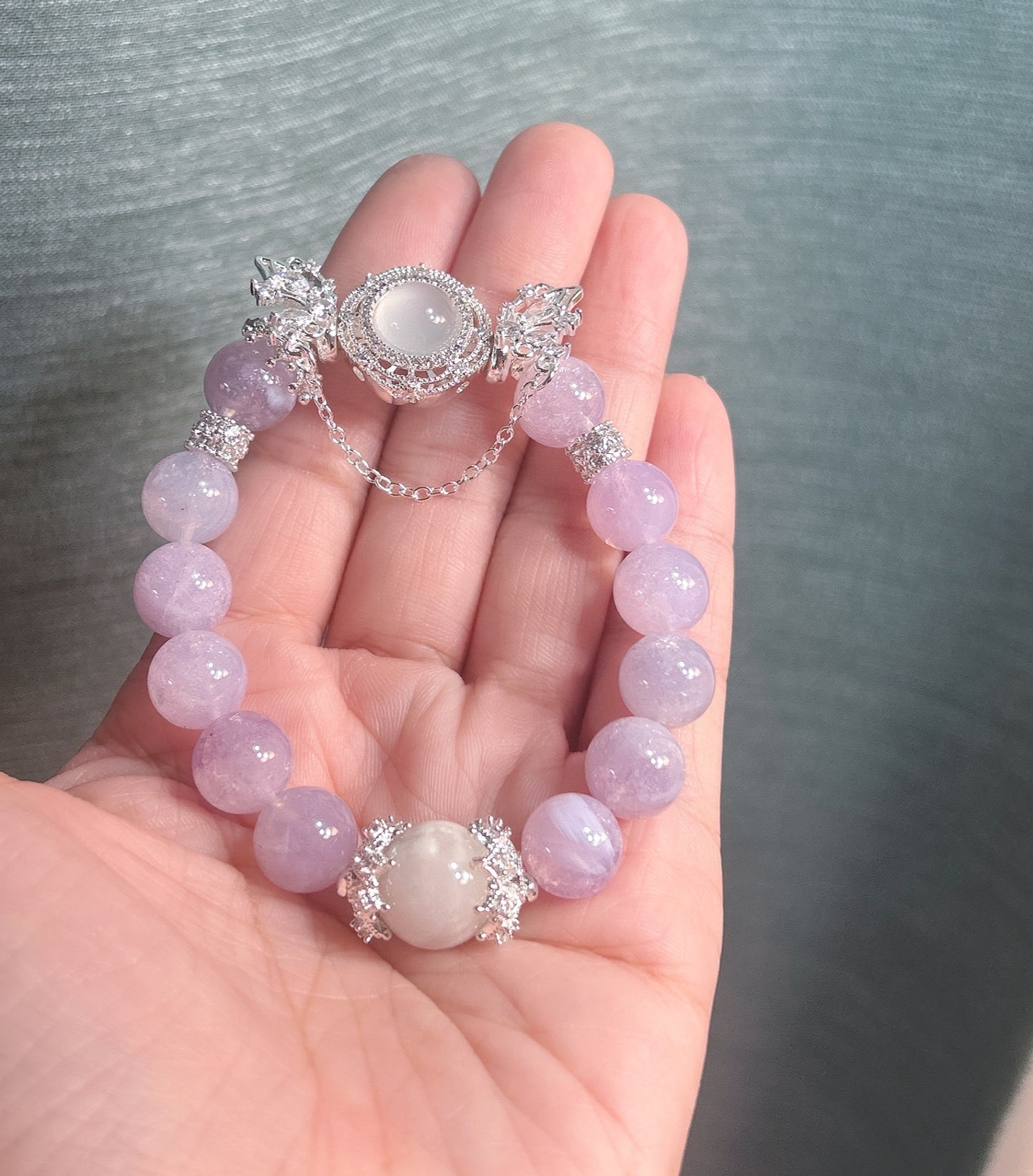 Lavender Quartz, natural purple gemstone bracelet with white quartz