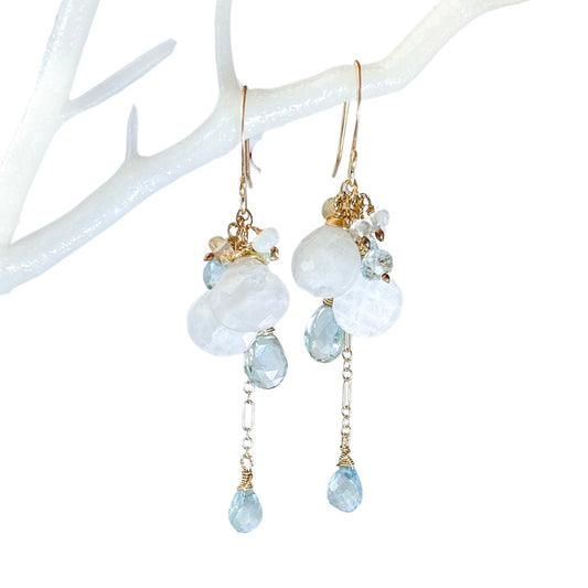 Moonstone, Aquamarine, and blue topaz, cascading beach wedding earrings, long dangle cluster earrings with rainbow blue flash moonstones