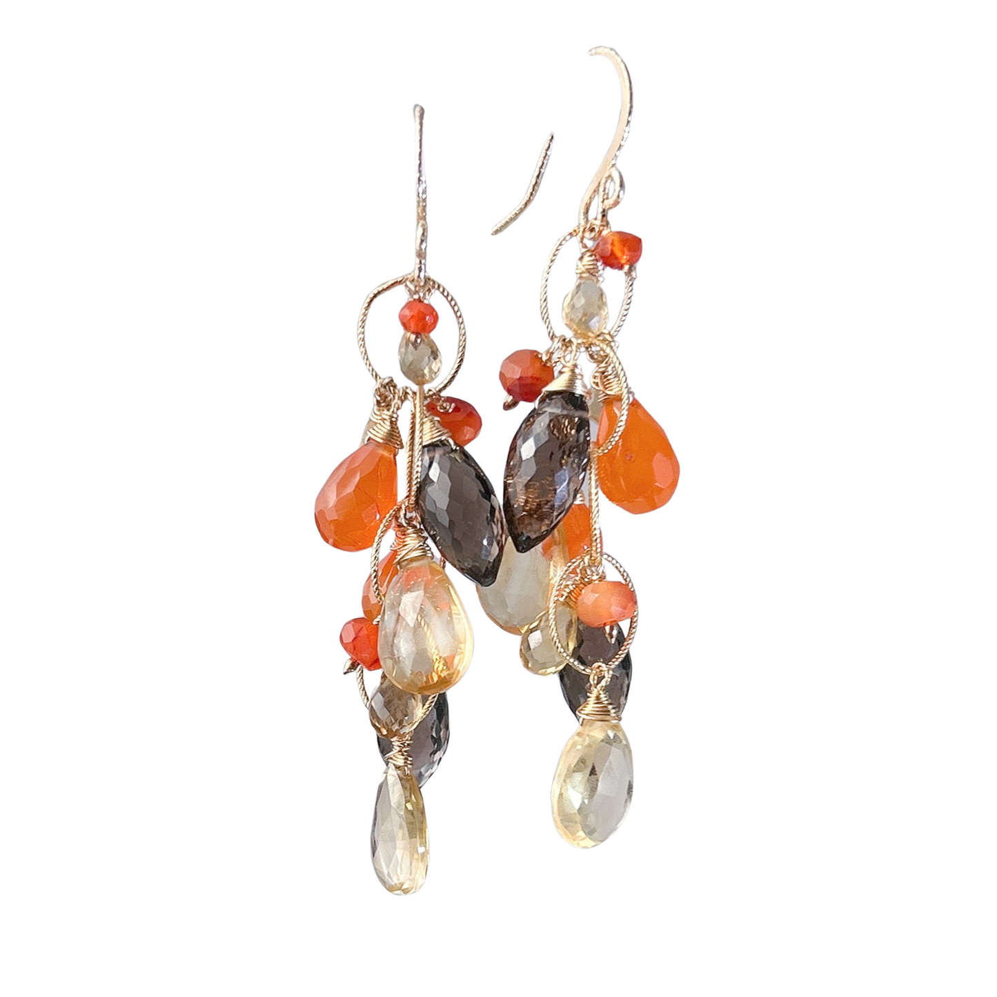 Orange carnelian Earrings statement teardrop dangle earrings w/ honey citrine, smoky quartz, hessonite garnet, harvest warm color chandelier earrings in gold filled.