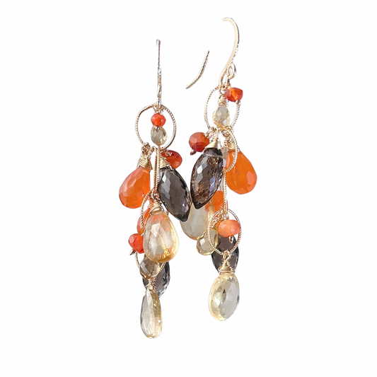 Orange carnelian Earrings statement teardrop dangle earrings w/ honey citrine, smoky quartz, hessonite garnet, harvest warm color chandelier earrings in gold filled.