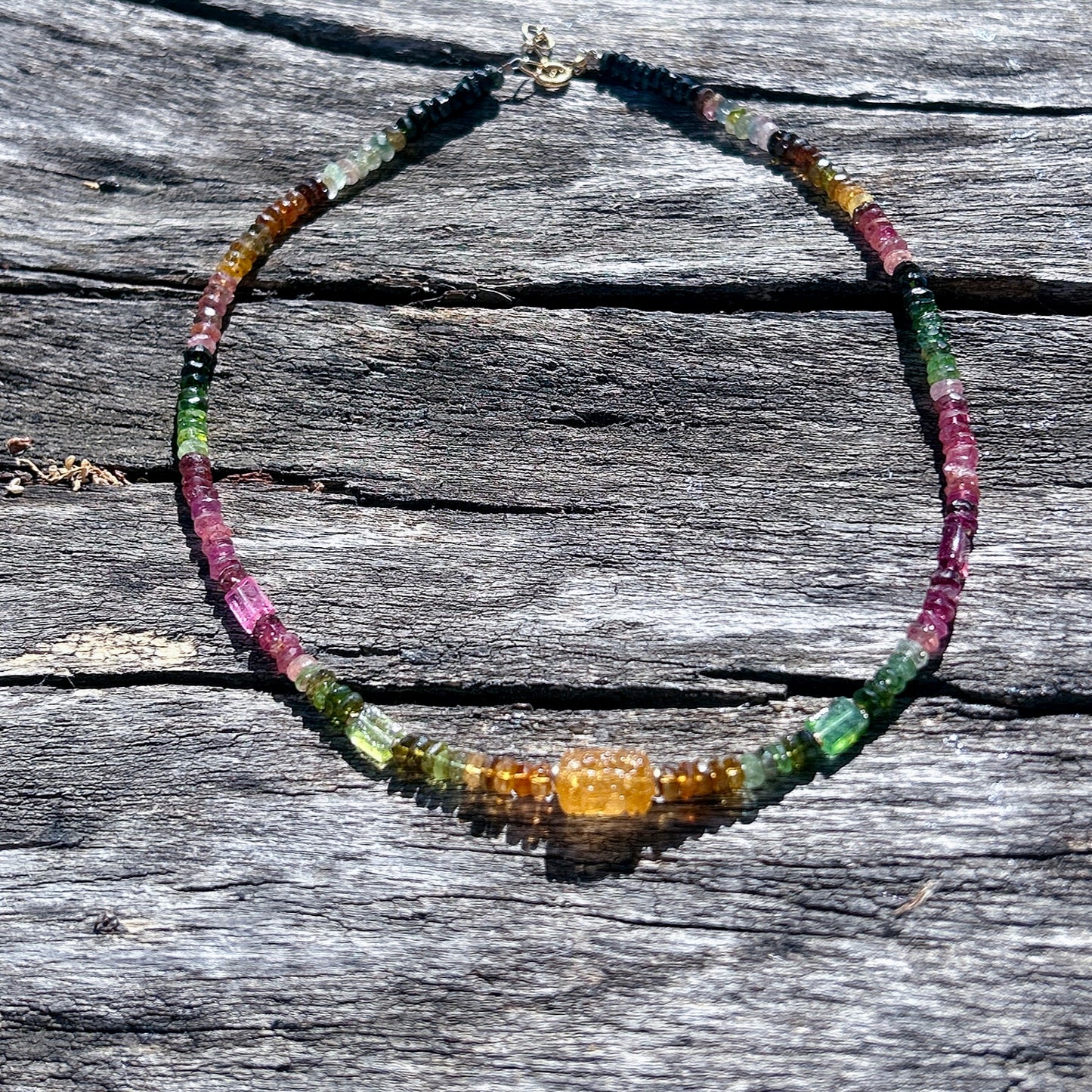Watermelon tourmaline beaded necklace, 14k gold filled ombré multicolor tourmaline