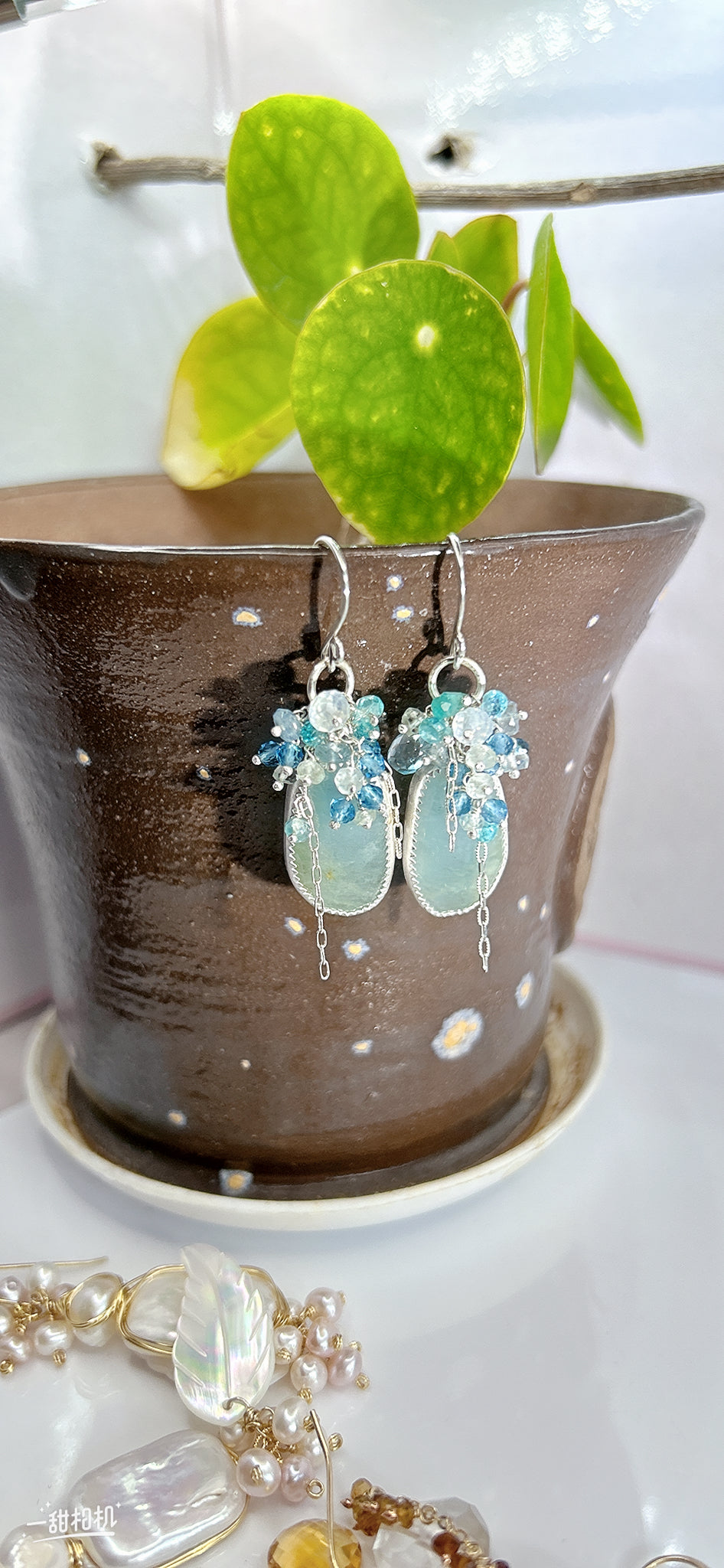 Natural large aquamarine dangle earrings, blue gemstone healing gemstone , blue topaz.