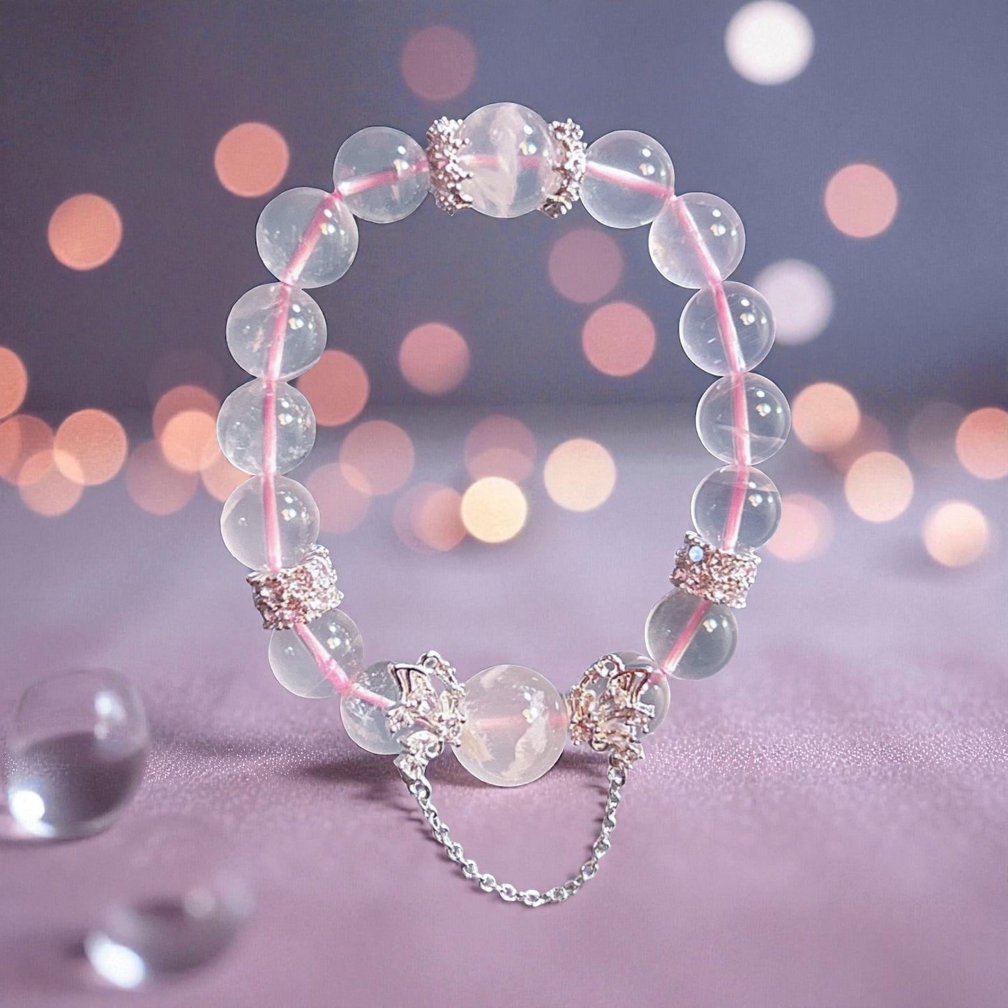 Rose quartz stretch bracelet, 10MM Mozambique rose quartz and snowflake phantom quartz