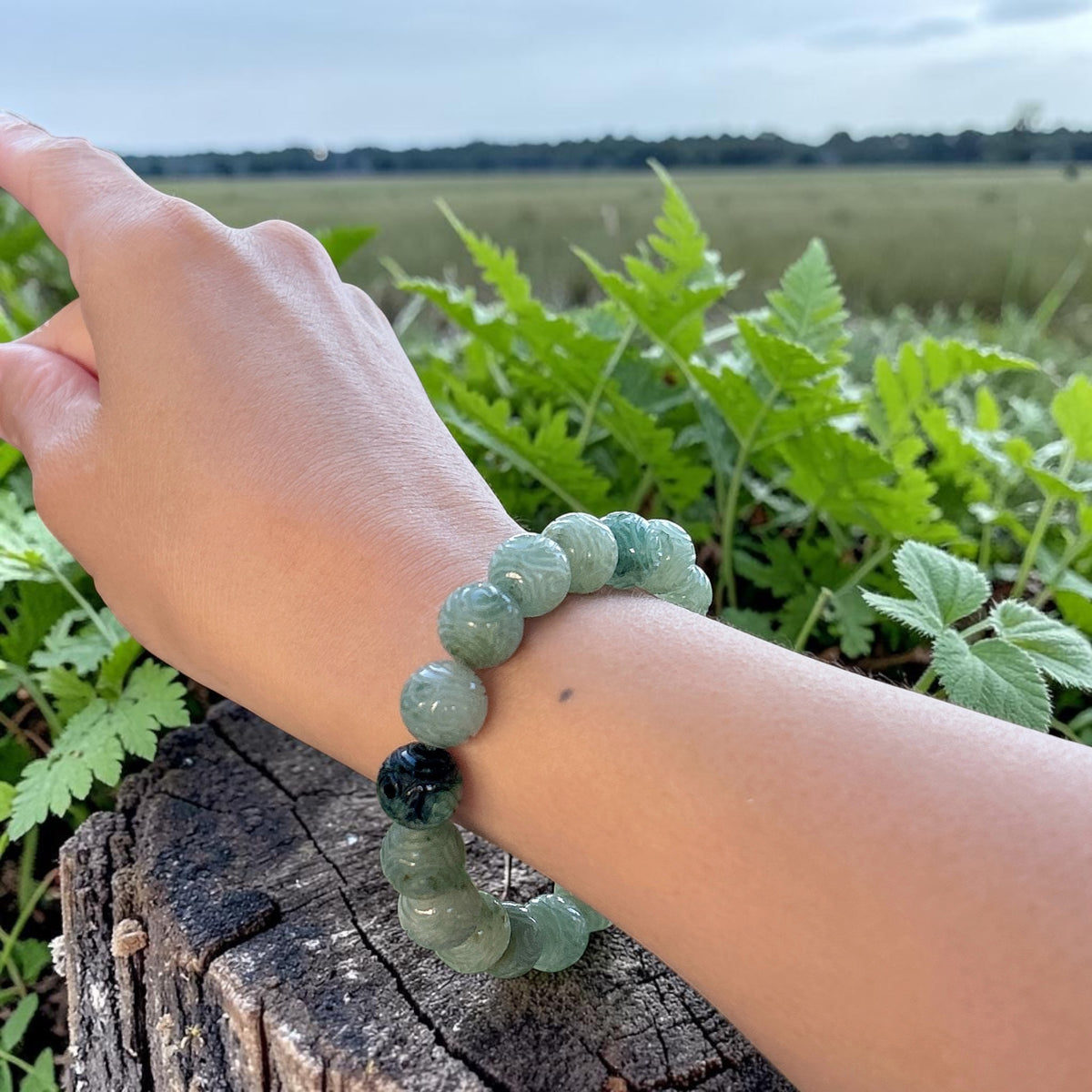 Hand craved Myanmar jadeite beaded bracelet, light green jade, 12mm+ untreated type A green Burmese jadeite bracelet 6.5 7, 7.5 inches