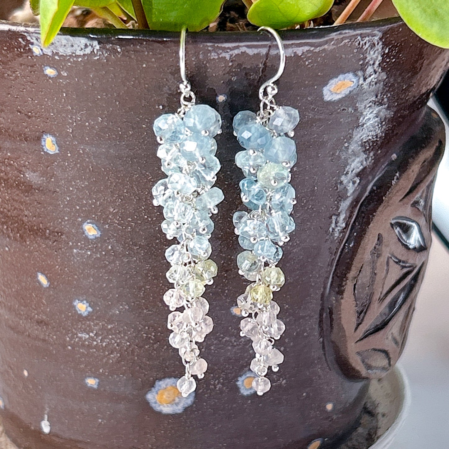 Blue pink gemstone cluster earrings, long dangle earring cascade earrings with natural aquamarine