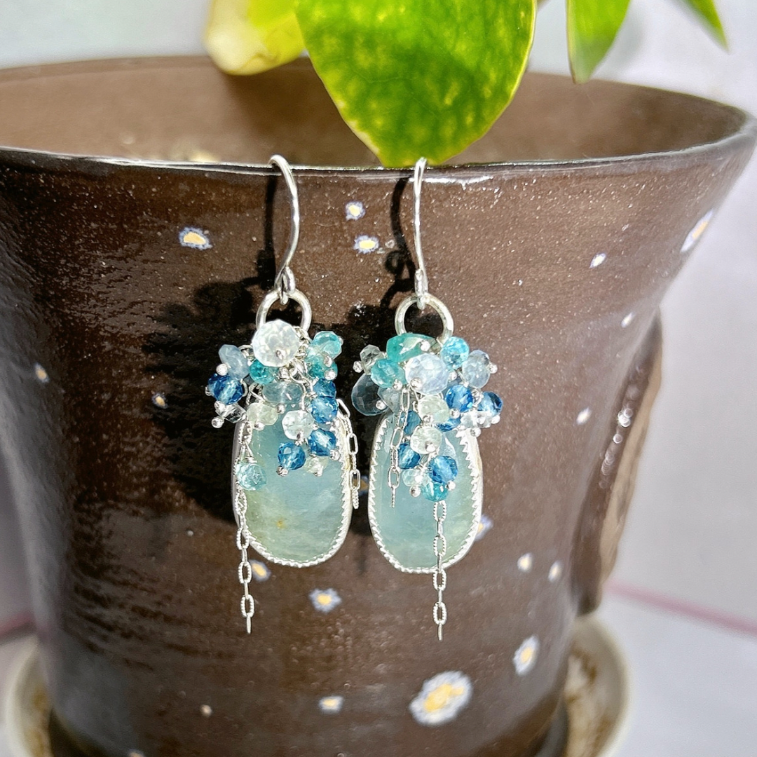 Natural large aquamarine dangle earrings, blue gemstone healing gemstone , blue topaz.