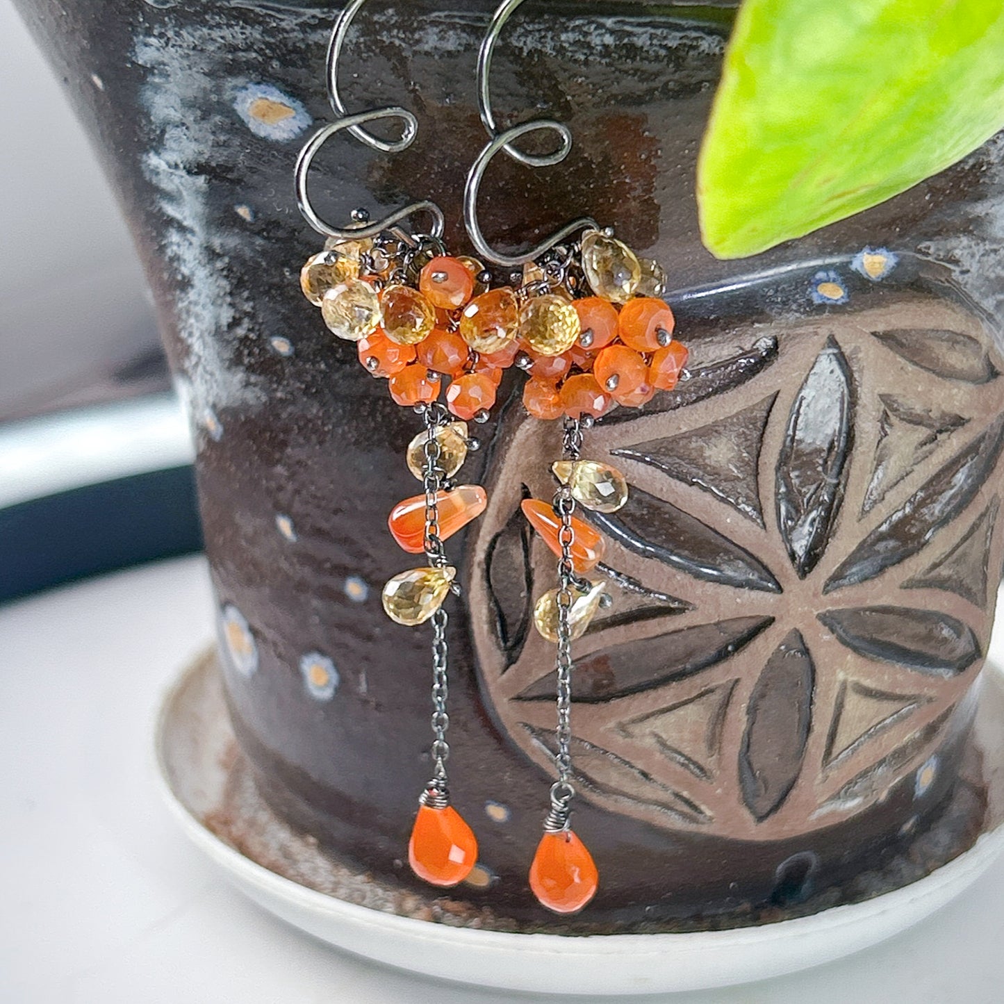 Citrine carnelian Sterling silver cluster dangle earring, waterfall cascading chandelier, ombre yellow orange gemstone cluster, heart hoops