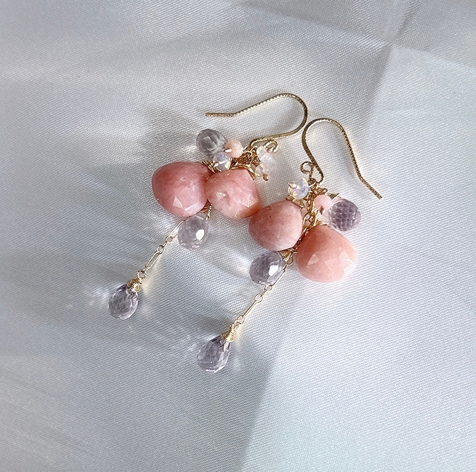 Pink opal earrings, long dangle cluster with pink opal, pink amethyst, and Ethiopian opal gemstones. Cascading pink floral earrings for her